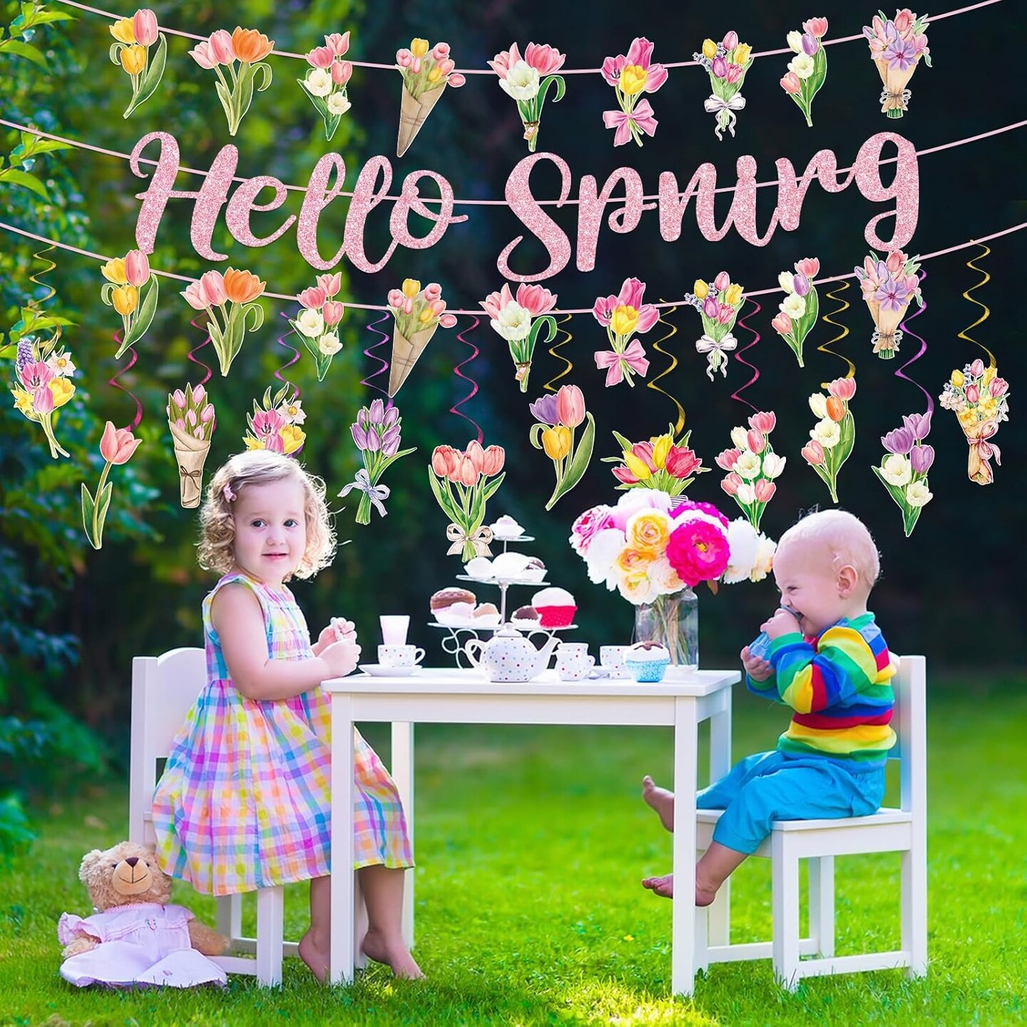 Spring Party Decorations, Hello Spring Hanging Swirls Sign Watercolor Tulip Flower Party Banner for Spring Summer Easter Baby Shower Home Office Classroom Decor