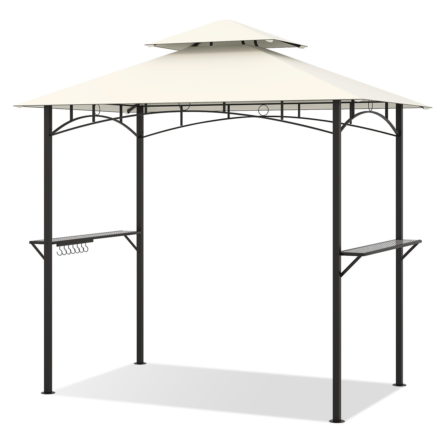 Multi-functional Outdoor Double-Tiered Grill Gazebo Canopy with 2 Side Shelves and 7 Hooks