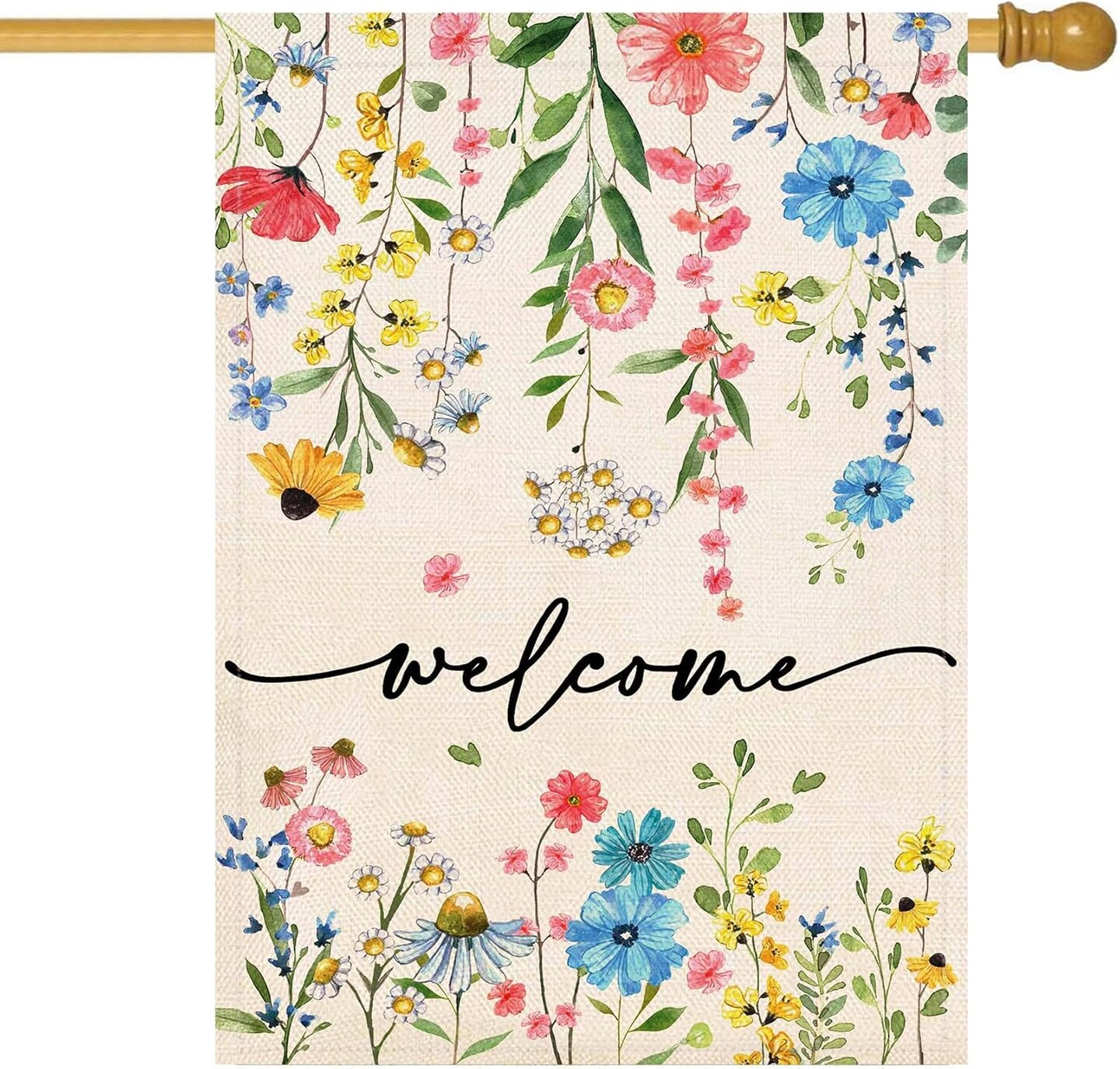 Summer Welcome Floral House Flag 28x40 Inch Double Sided Large Yard Flag Outside Outdoor Seasonal Burlap Flowers Flags Home Patio Decoration