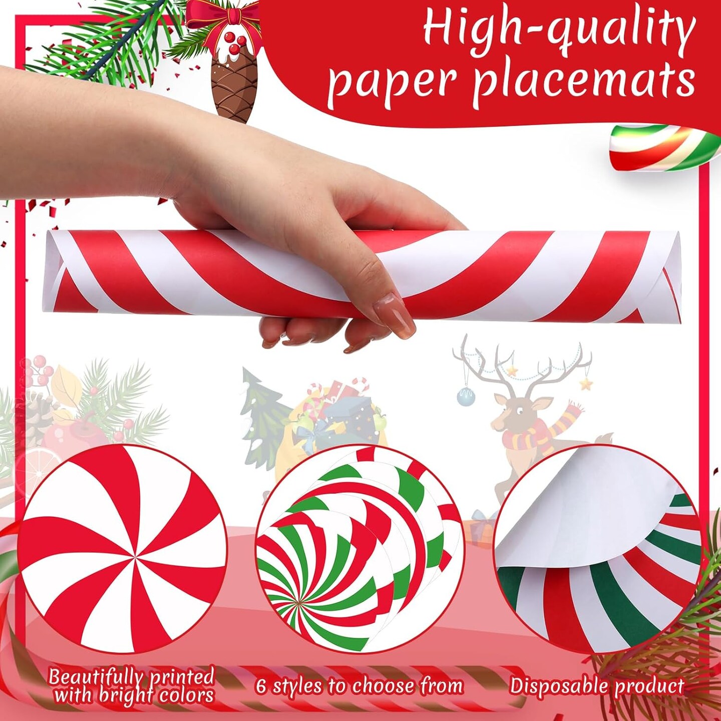 60 Pcs Disposable Christmas Candy Placemats 12 Inch Christmas Red Green Sweets Paper Round Placemats Table Mats Candy Canes for Xmas Party Home Decorations Kitchen Dining Table