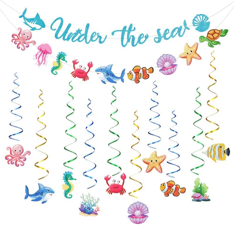 Under The Sea Party Decorations Supplies Banner Ocean Animals Themed Hanging Swirls and Banner Happy Birthday Decorations for Baby Shower Summer Beach Party
