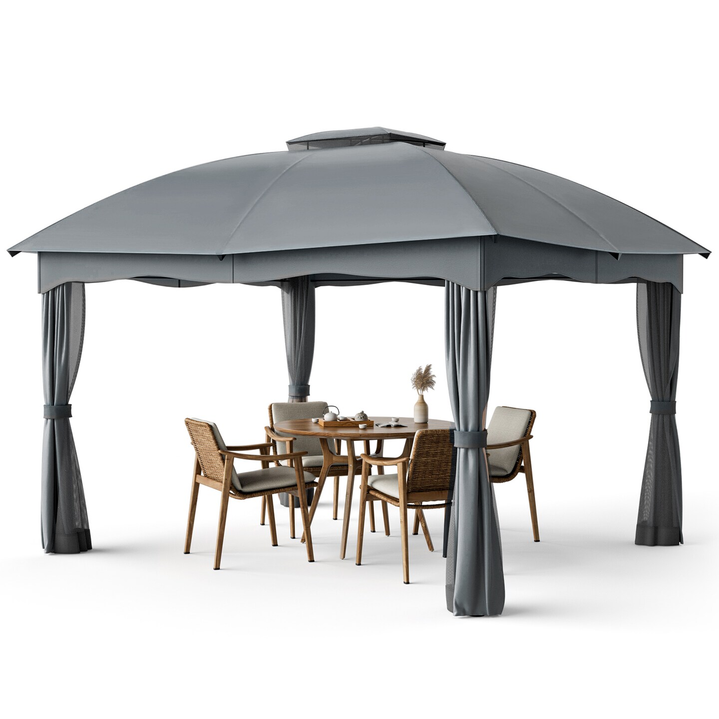 Polyester and Steel Gazebo with Mesh Walls, Curtains and Double Roof