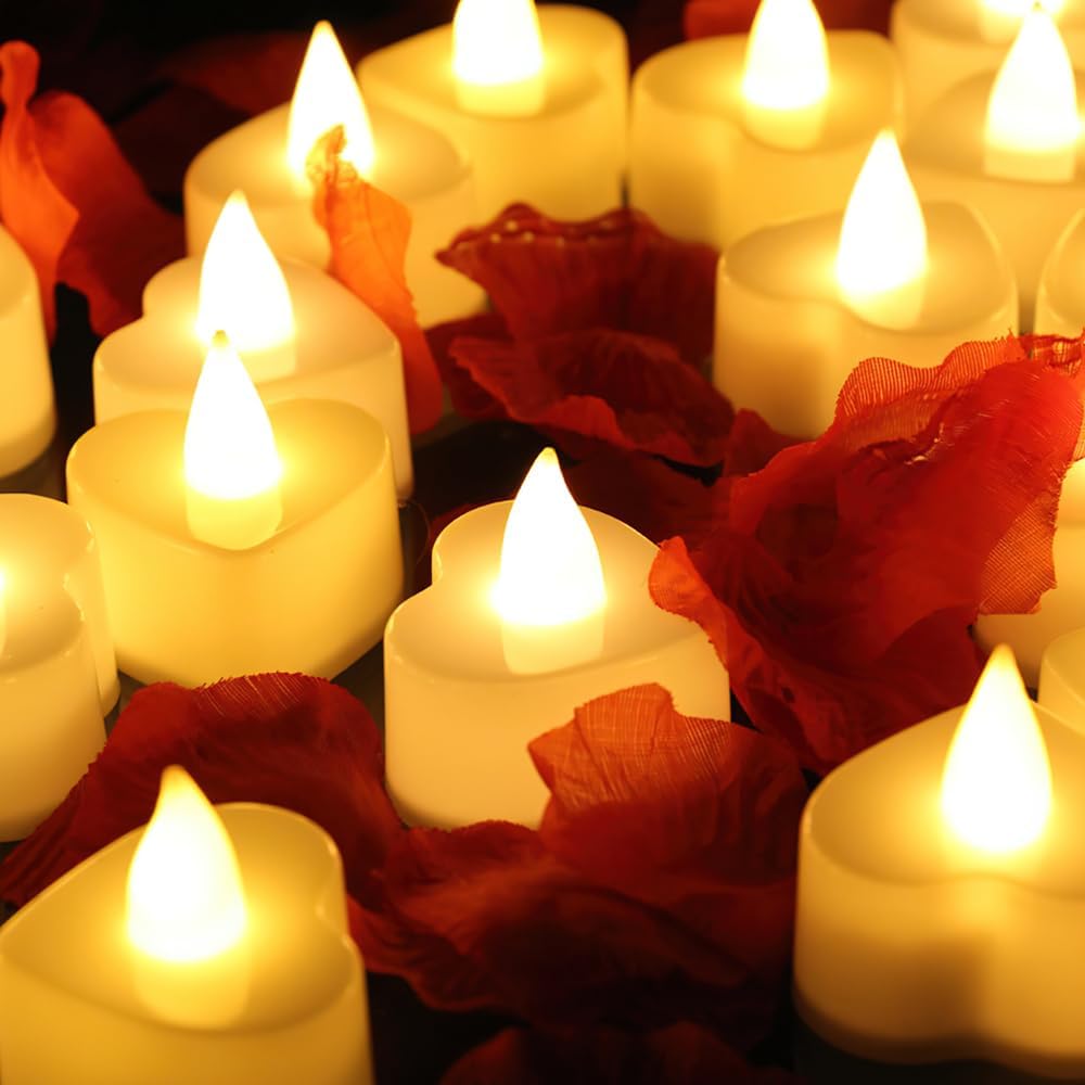 Rose Petals for Romantic Night Candles for Her Set 24 Pcs Led Love Candles 1000Pcs Red Petals Romantic Decorations Special Night Valentines Day Decor Proposal Ideas Bachelorette Party Wedding