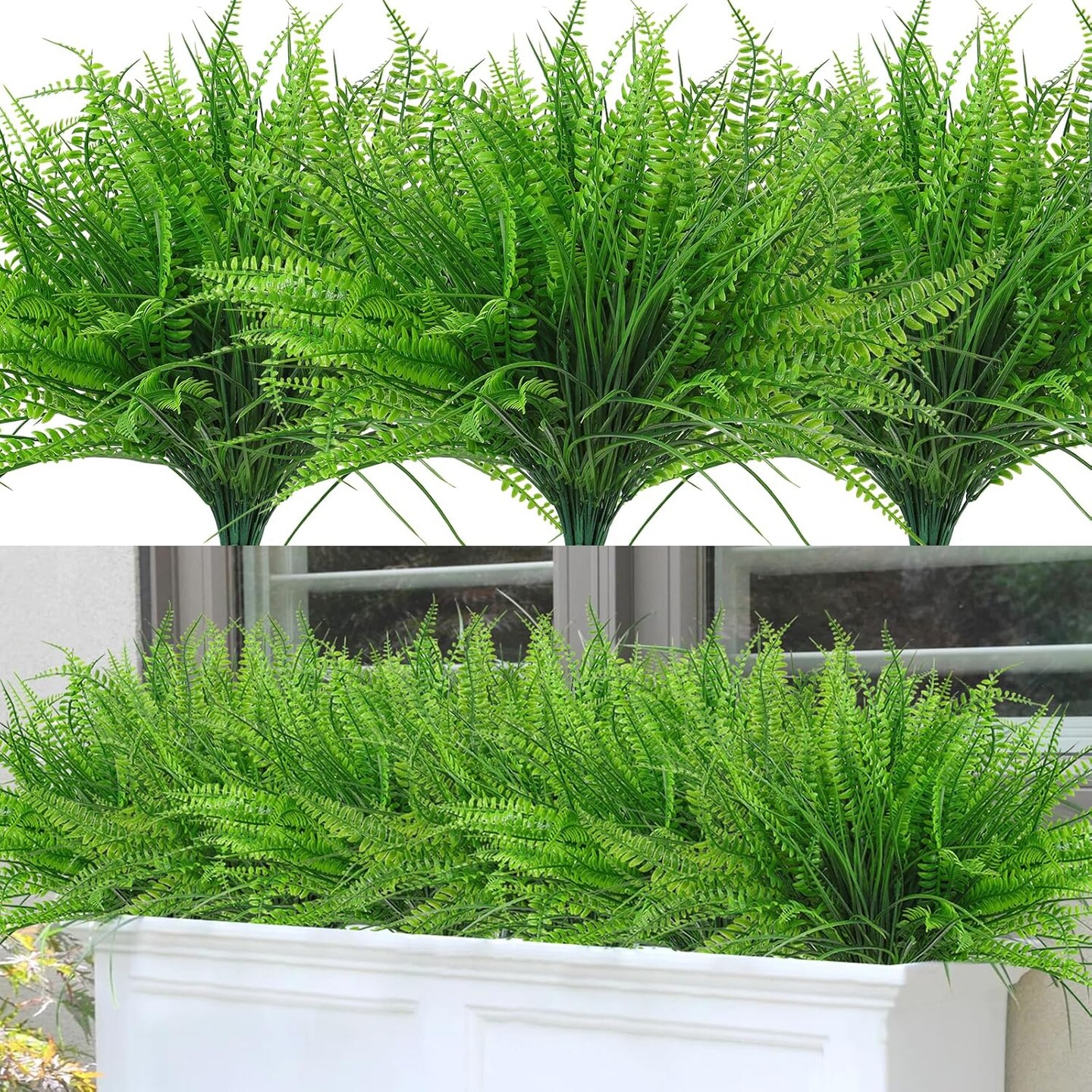 8 Bundles Artificial Plants Boston Fern Wheat Grass Shrubs Outdoor Faux Plants Faux Fern Stems UV Resistant Artificial Outdoor Plants Greenery for Home Gardens Patio Yards Decor