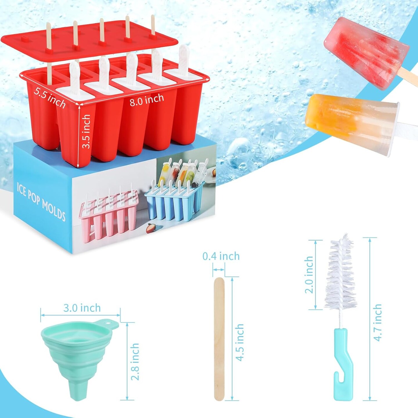 Popsicle Molds,Silicone Ice Pop Molds,BPA Free Popsicle Mold Reusable Easy Release Ice Pop Maker,Homemade Popsicle Mould with Silicone Funnel and Cleaning Brush (Red, 10 Cavities New)