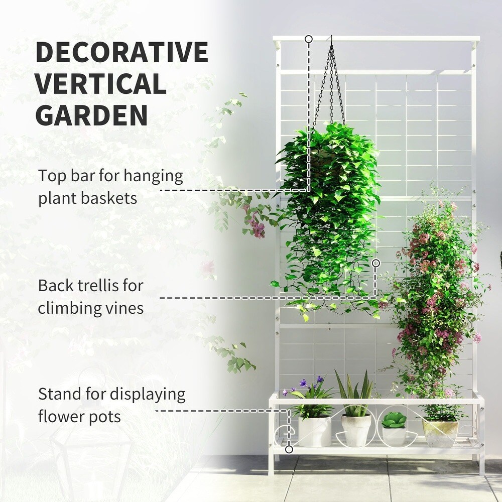 Multi-Tier Tall Metal Flower Plant Stand with Trellis & Hanging Bar