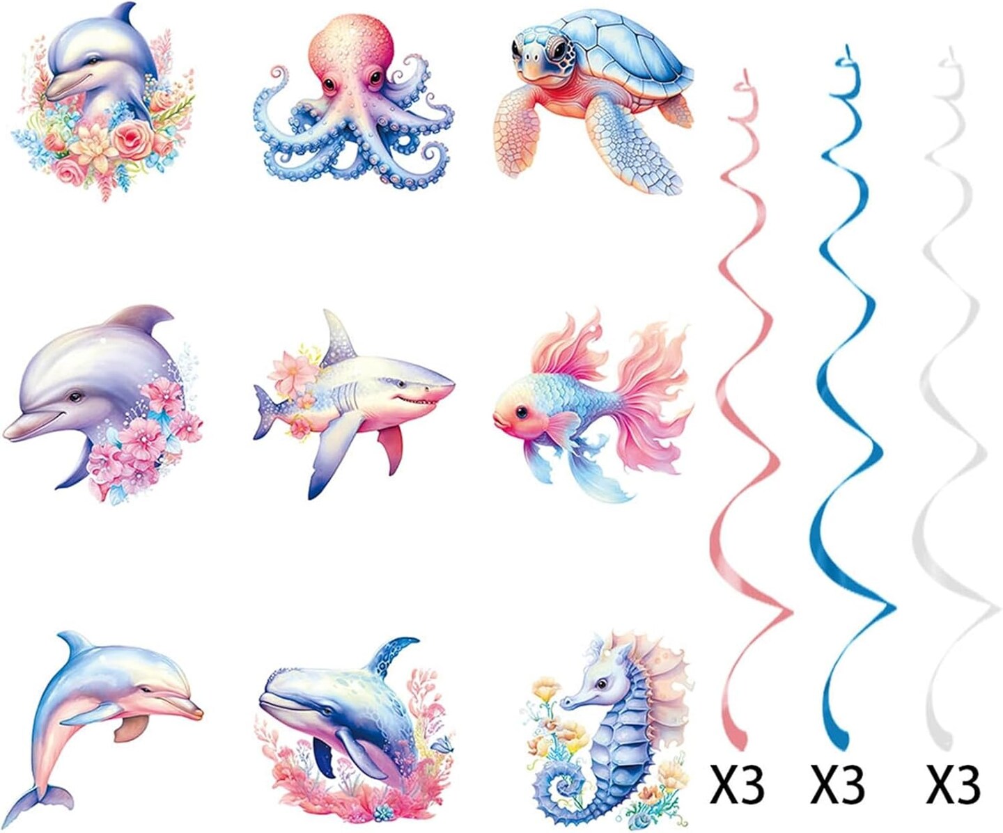 18 Pieces Ocean Animals Hanging Swirl Summer Decorations, Under The Sea Party Decor Marine Life Party Swirls Streamers