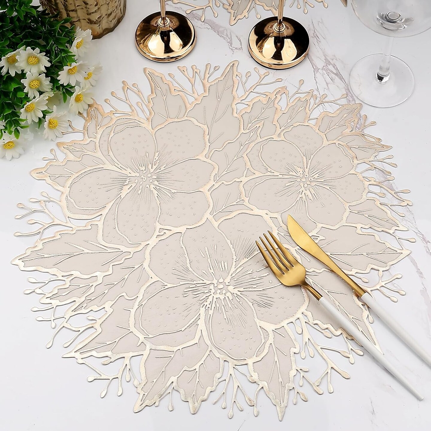 Placemats Set of 6, Gold White Place Mats Pressed Plum Flowers Vinyl Round Table Mats Washable
