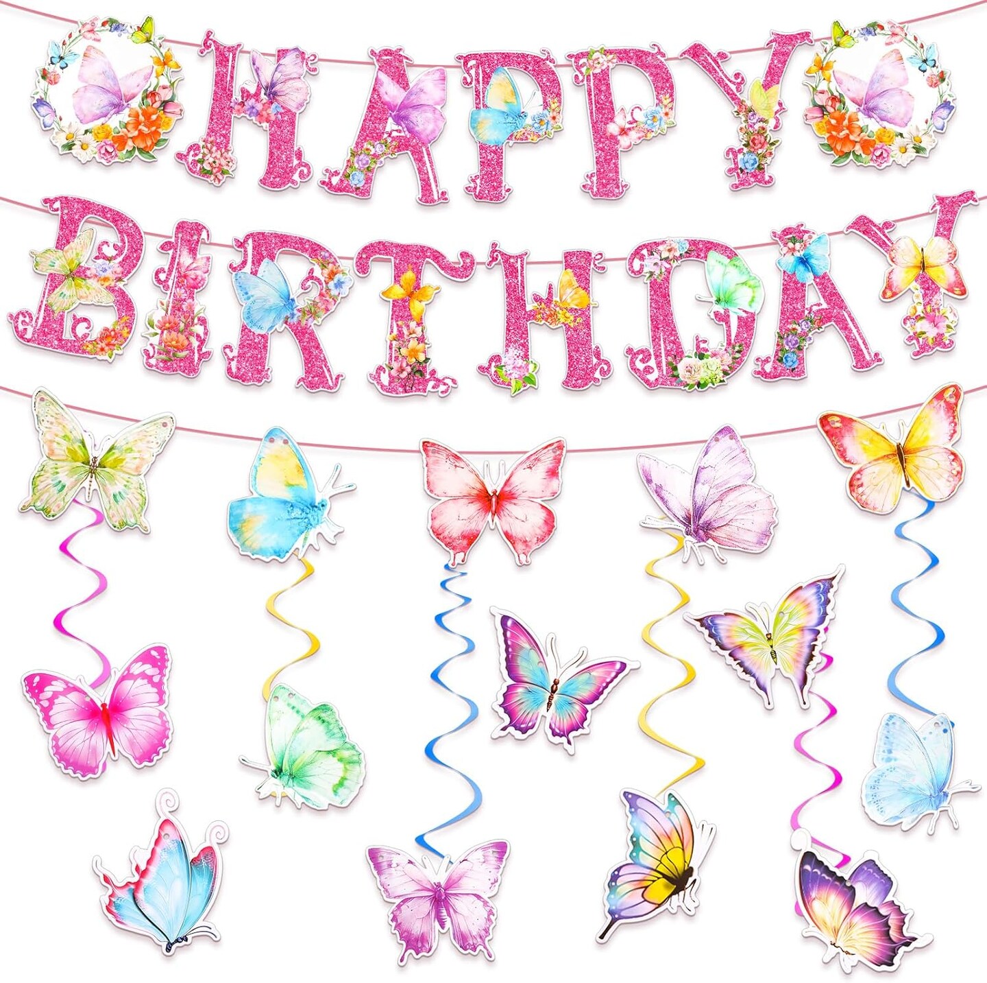 27 Pcs Butterfly Birthday Decorations for Spring Party, Butterfly Hanging Swirl Decoration