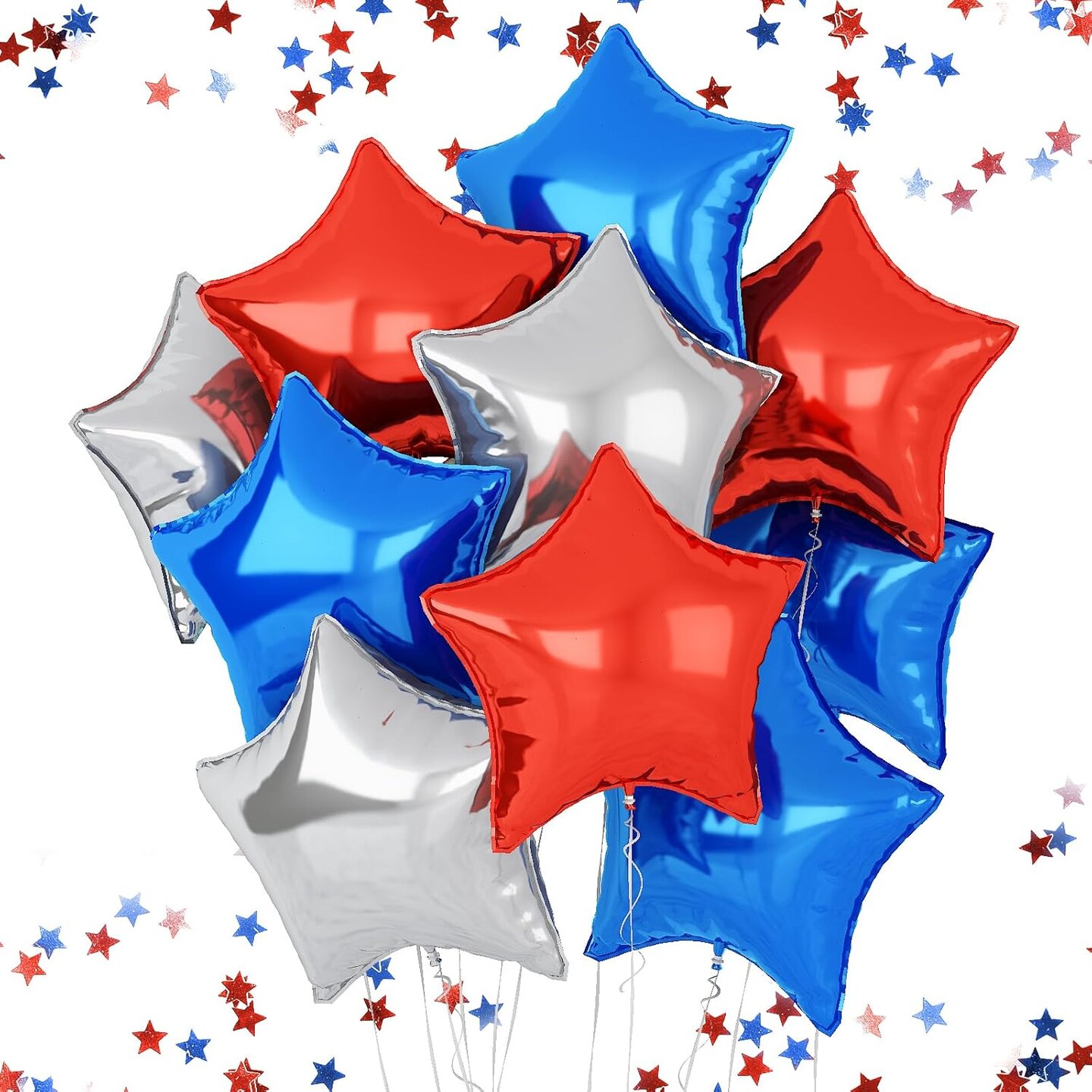 Star Balloons, 10 pcs Red Blue Silver, 18" Aluminum Foil, Self-Sealing, for Helium, Party Decorations, Wide Occasions
