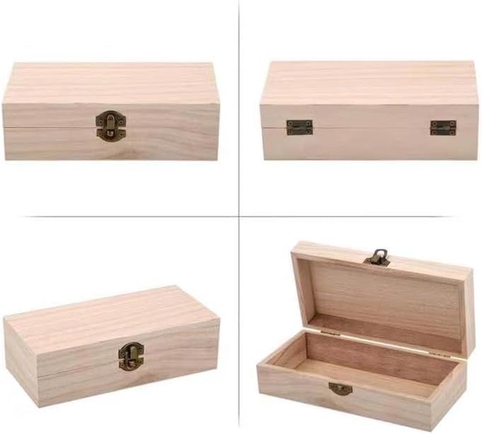 Unfinished wooden box, 8x4x2.3 inch storage box with hinge lid, small wooden box with rectangular souvenir and craft