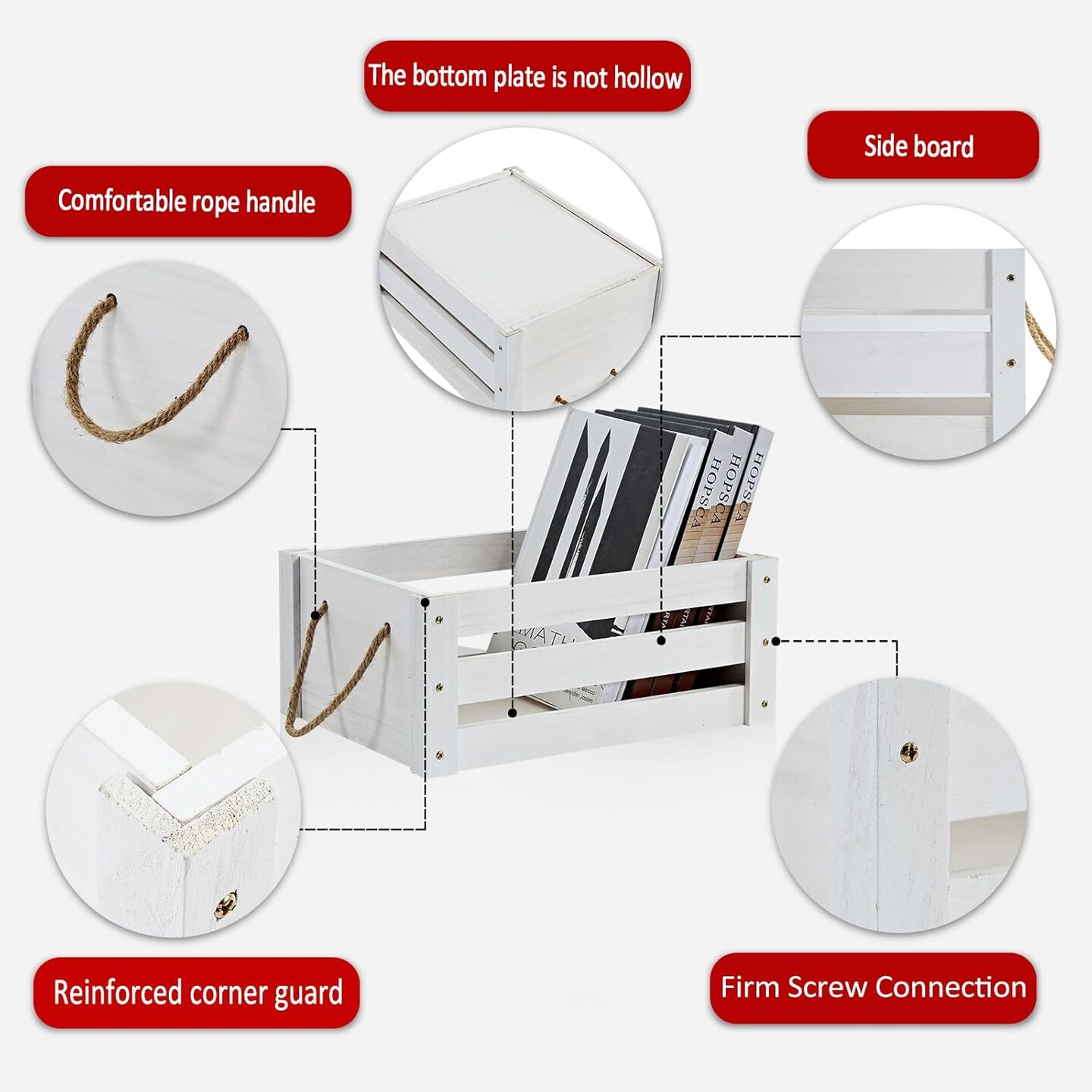 Farmhouse Crates for Storage and Display - Durable Wooden Box with Rope Handles, 2 Pack White Crates