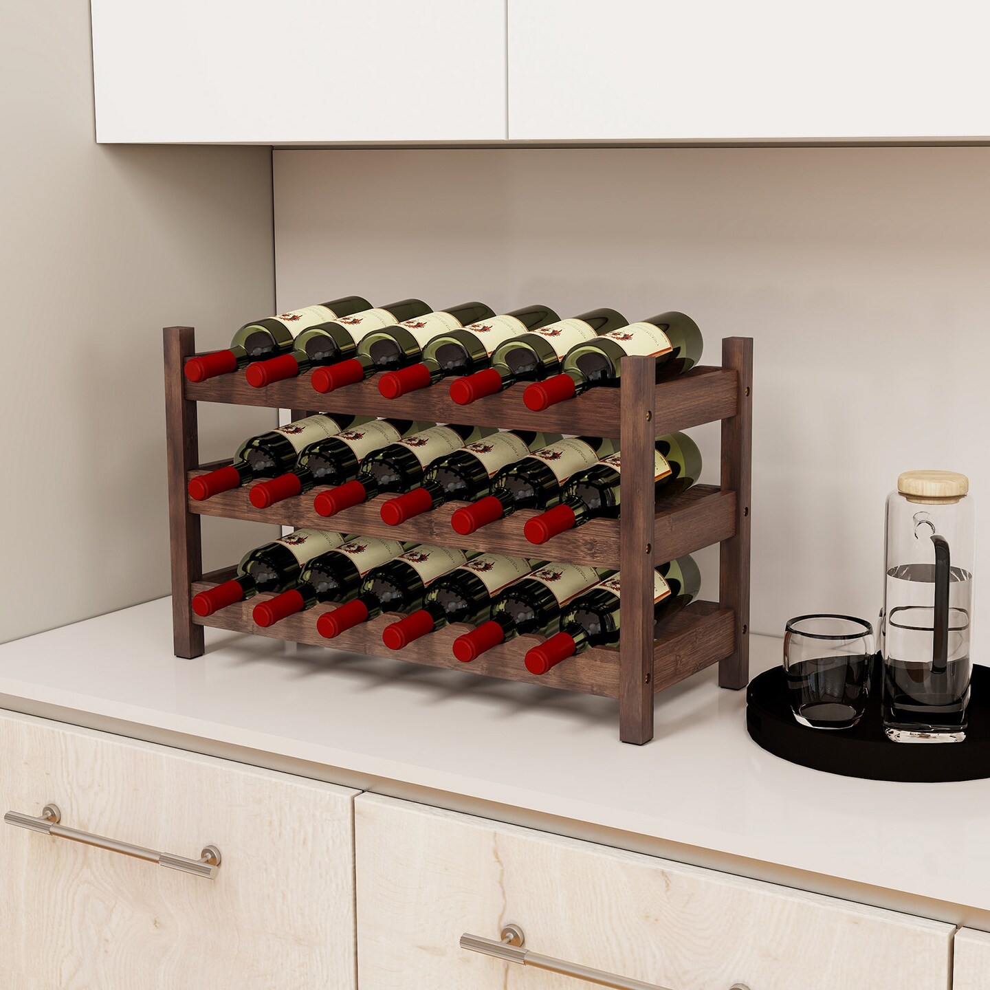 3-Tier Wine Rack Holds 18 Bottles with PU Coating and Anti-Slip Feet