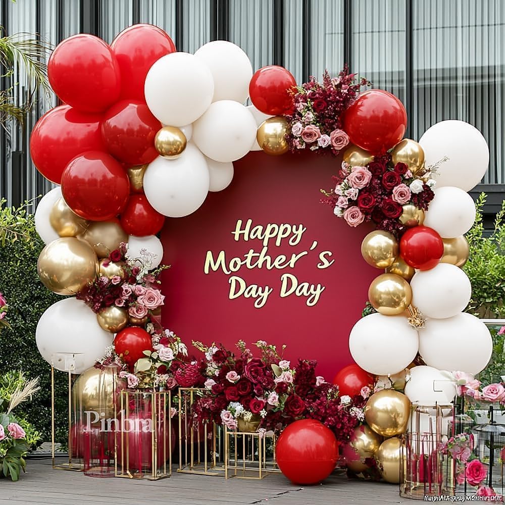Red White Gold Balloon Arch Double Stuffed Ruby Red White Metallic Gold Balloon Garland Kit