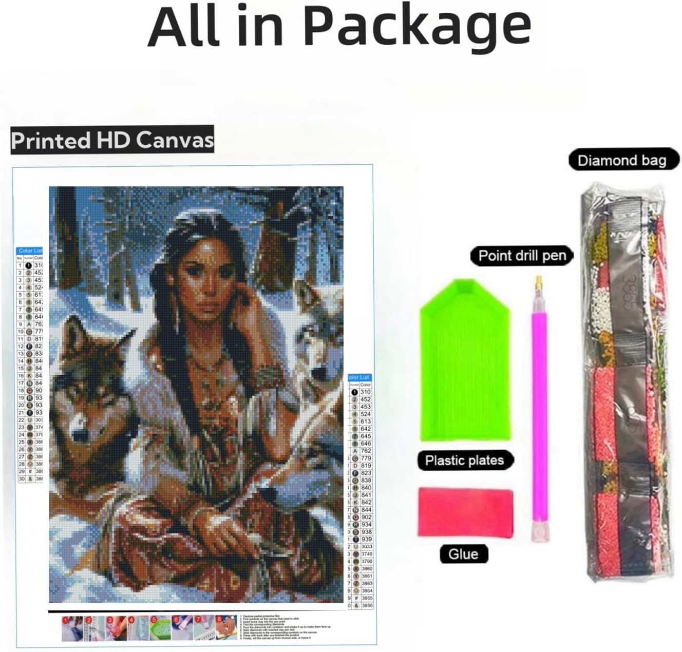 Diamond Art Painting Kits for Adults American Native Indian Woman and Wolf DIY Paint with Full Drill Round Diamond Gems Painting Art Craft for Home Wall Decor