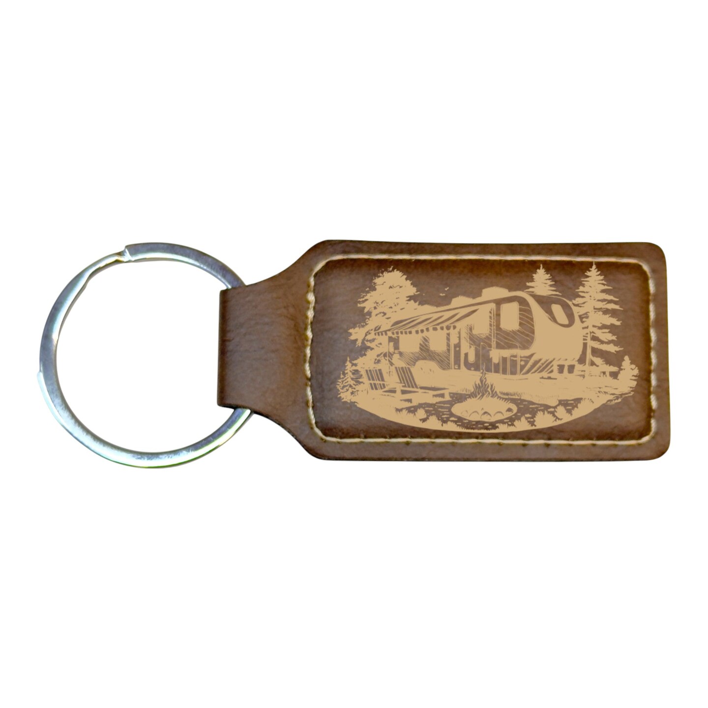Keychain - Rectangle - Camping RV - Leather