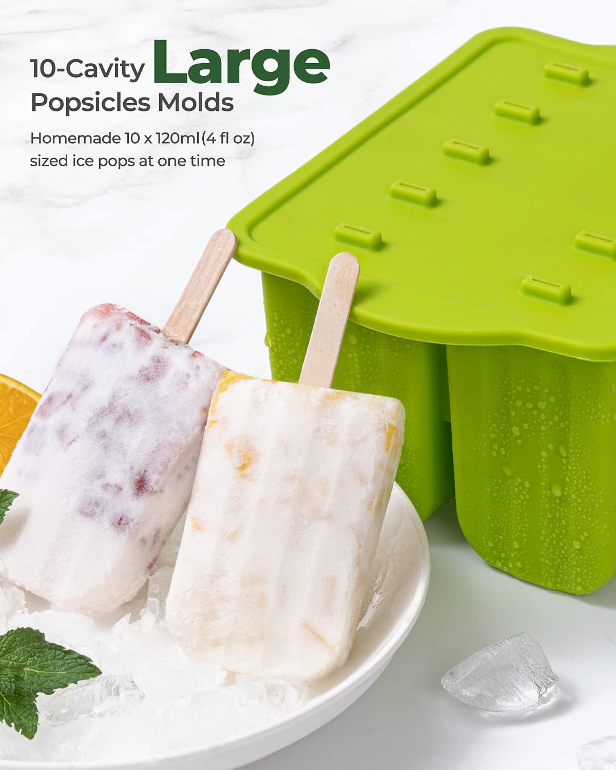 10 Cavity Large Silicone Popsicle Molds with Popsicle Holders/Popsicle Drip Catcher, Silicone BPA-Free Popsicle Maker Mold Set Ice Pop Mold, with 50Pcs Popsicle Sticks