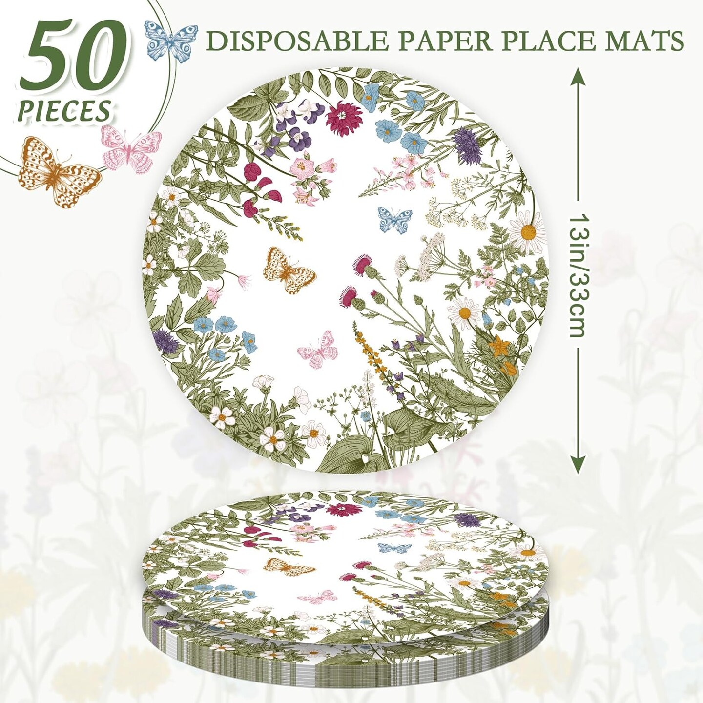 50 Sheets Vintage Wildflower Round Paper Placemat Greenery Wild Floral Decorative Paper Table Mat for Spring Wedding Bridal Shower Party Dinner Table Setting, 13 Inch