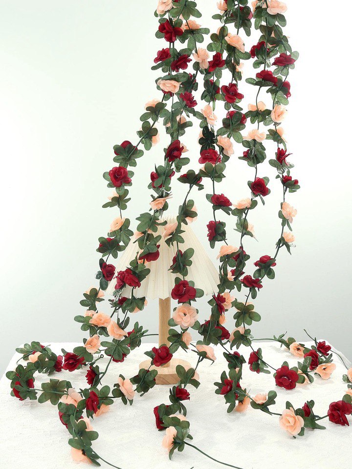 Artificial Flower Garland, Fake Burgundy Peach Roses Vines Silk Flowers Faux Rose Arch Vines for Flower Wall Backdrop Wedding Mothers Day Garden Tea Party Decoration