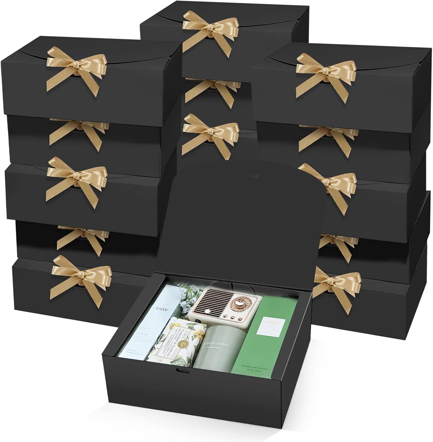 15 PCs Gift Boxes with Lids, Black 10X8X4 Inch Gift Boxes, Bridesmaid Proposal Box with Ribbon, Kraft Paper Boxes for Wedding, Packaging, Present, Birthday,Party