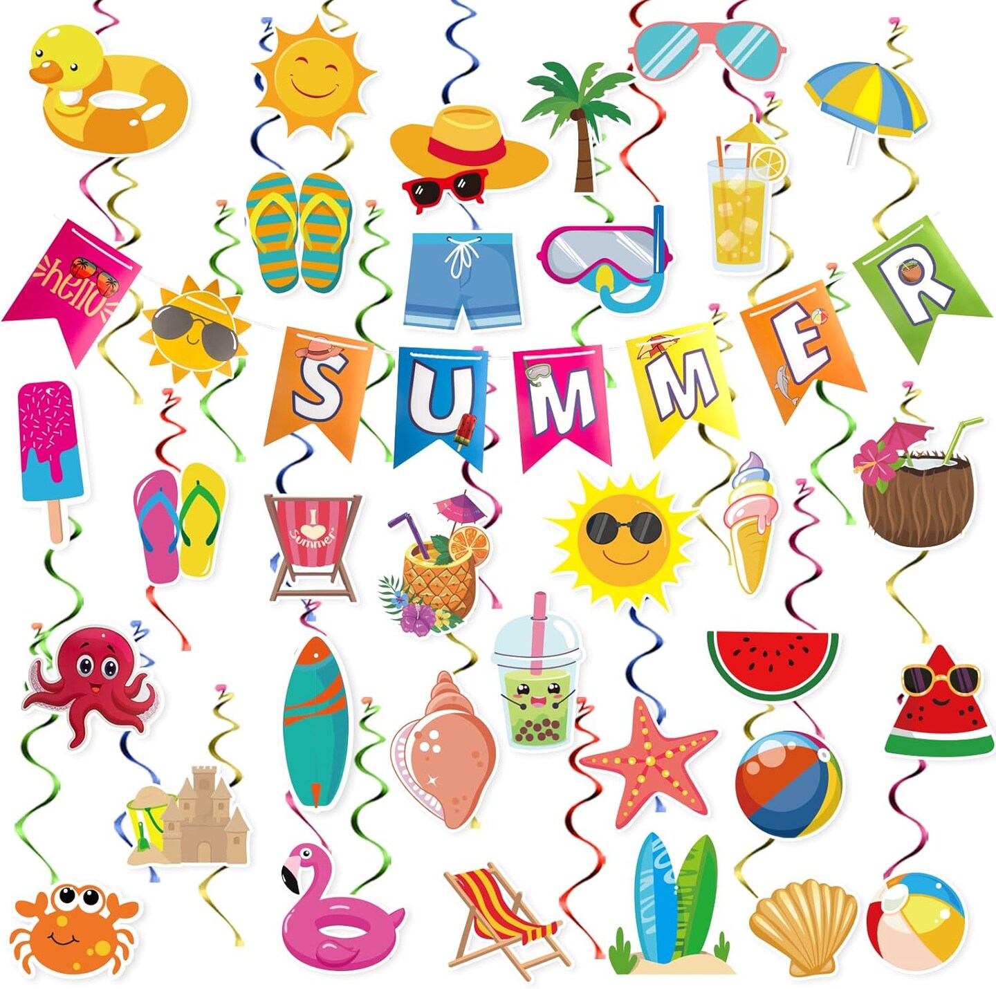 Summer Party Decorations, Beach Party Decorations Hello Summer Banner &#x26; No-DIY Pool Party Decorations Hanging Swirls Streamers Ceiling Decor for Kids Luau Hawaii Home Office School Classroom