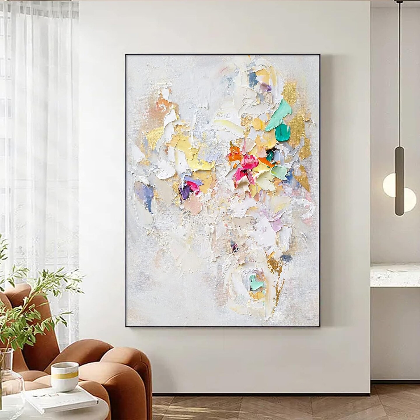 Modern Wall Art, 16x24in Frameless Abstract Painting, White Texture Art, Colorful Yellow Pink and Green, Decorative Wall Art for Living Room Bedroom