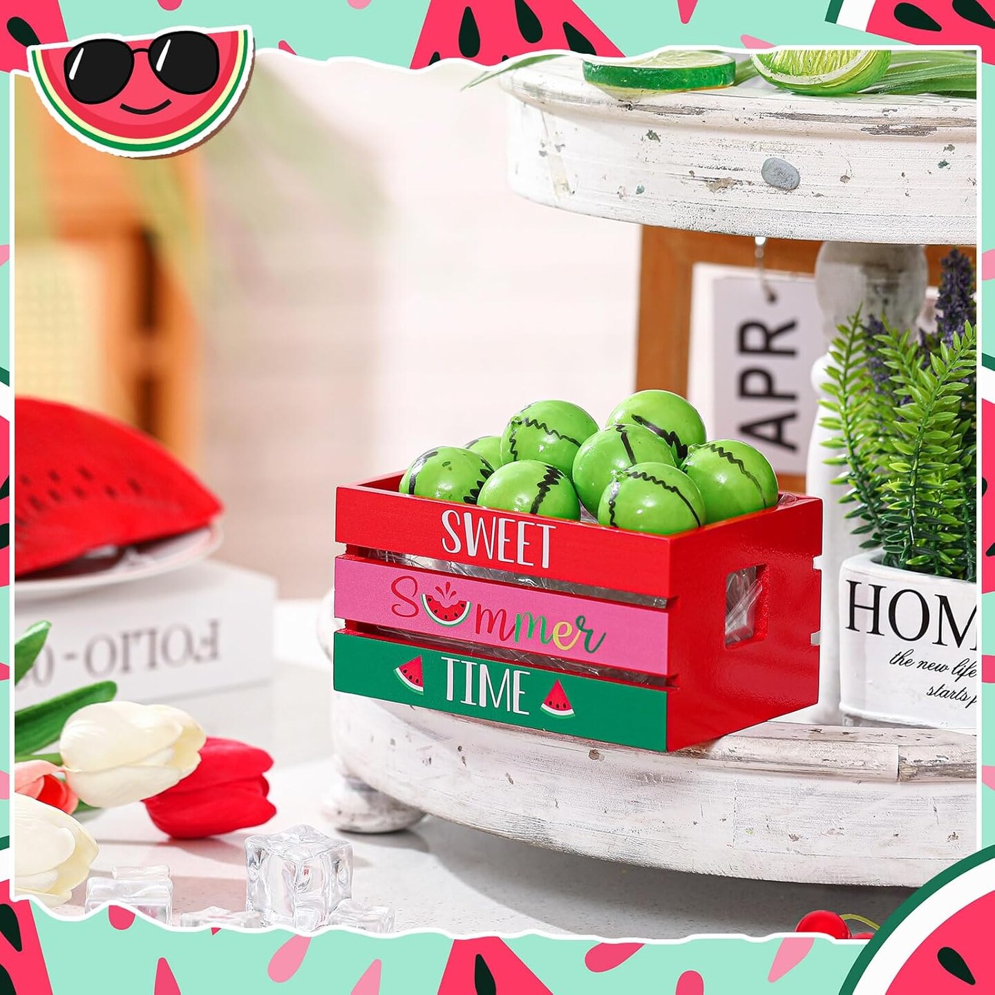 Watermelon Mini Crate Summer Tabletop Decor with 8 Faux Watermelon Farmhouse Tiered Tray Decor with Faux Fruits Wood Crate for Kitchen Home