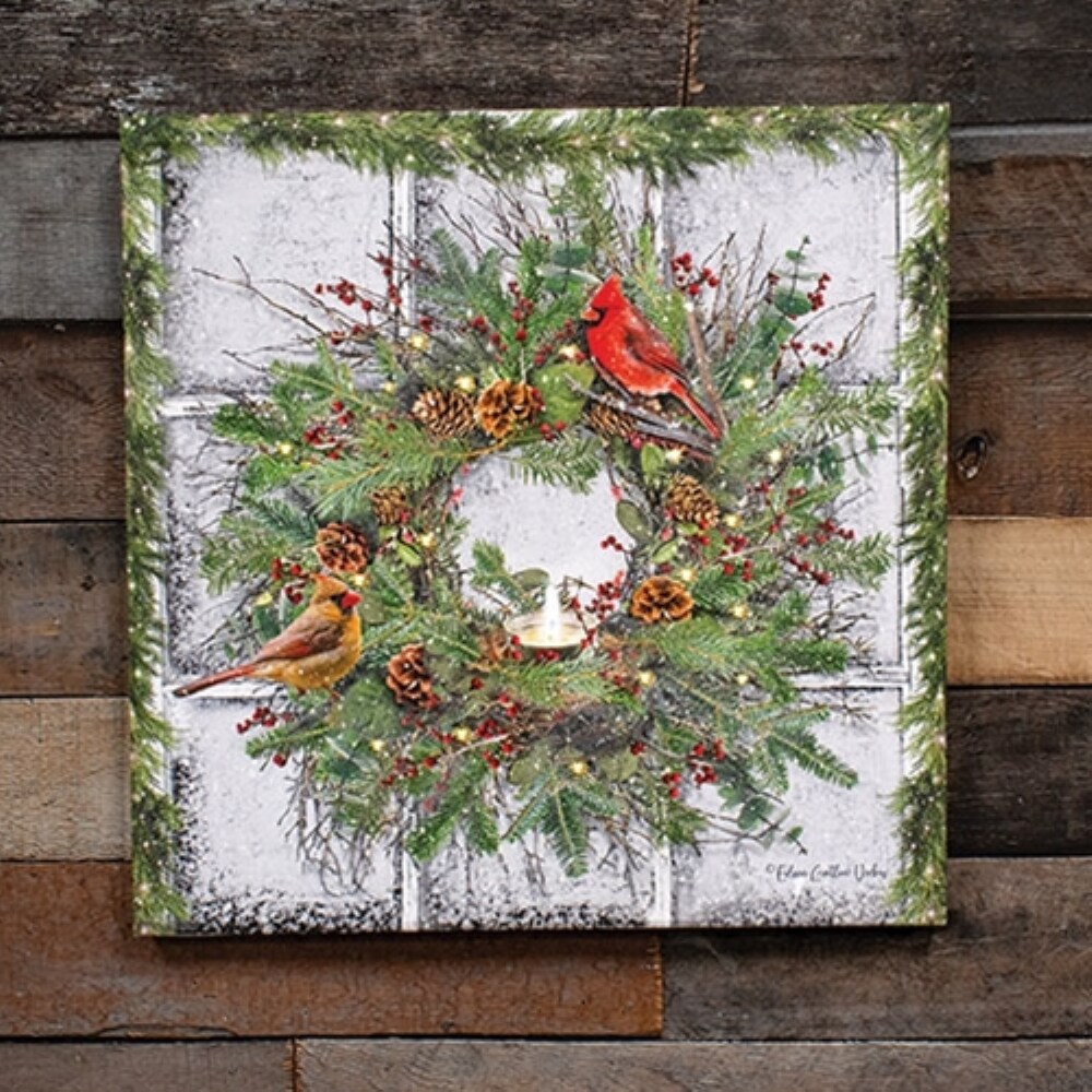 Snowy Cardinal Wreath Canvas Wall Art with Lights Winter Holiday Decor 18 Inch