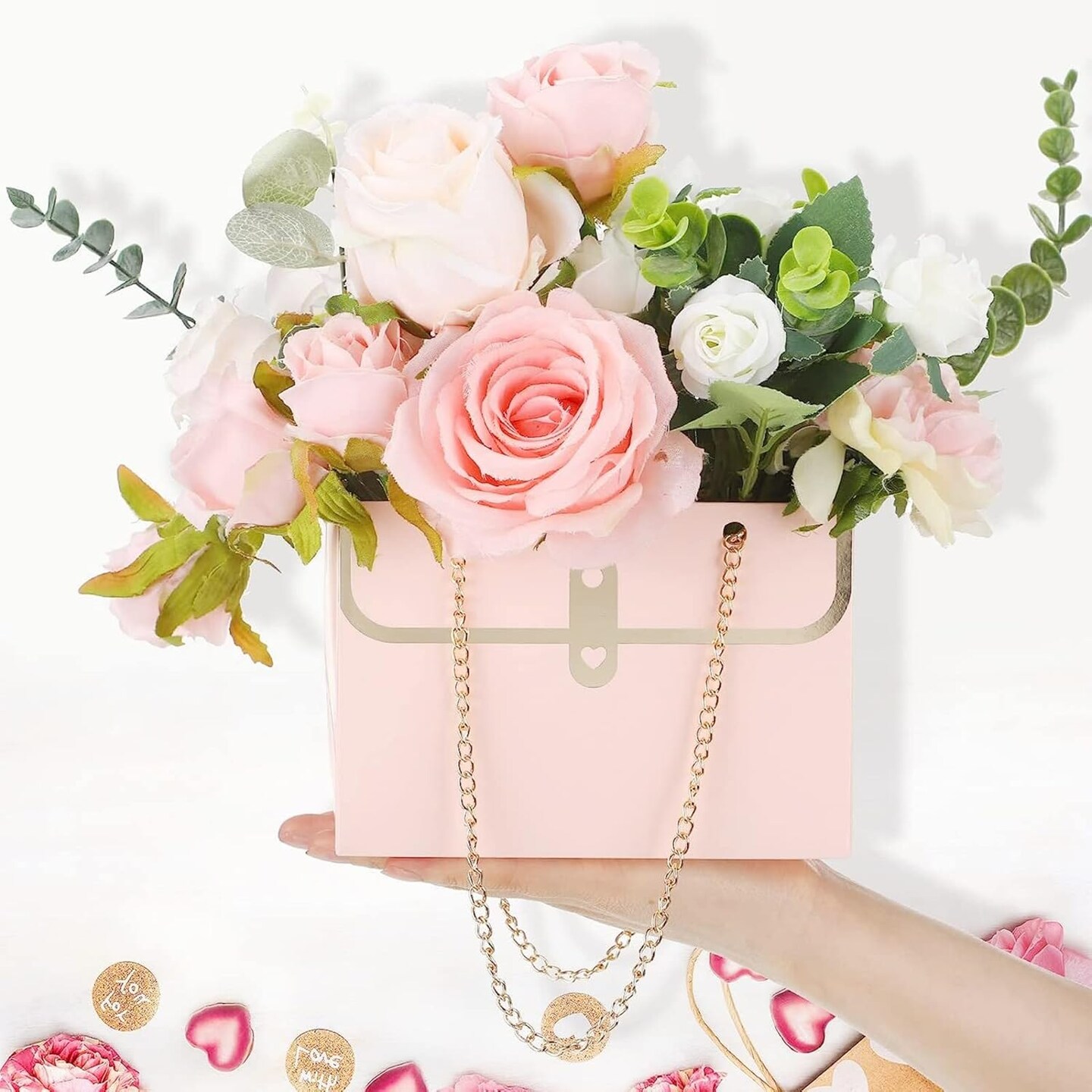 12pcs Pink Gift Boxes Gold Chain Handled Gift Boxes Romantic Wedding Favor Florist