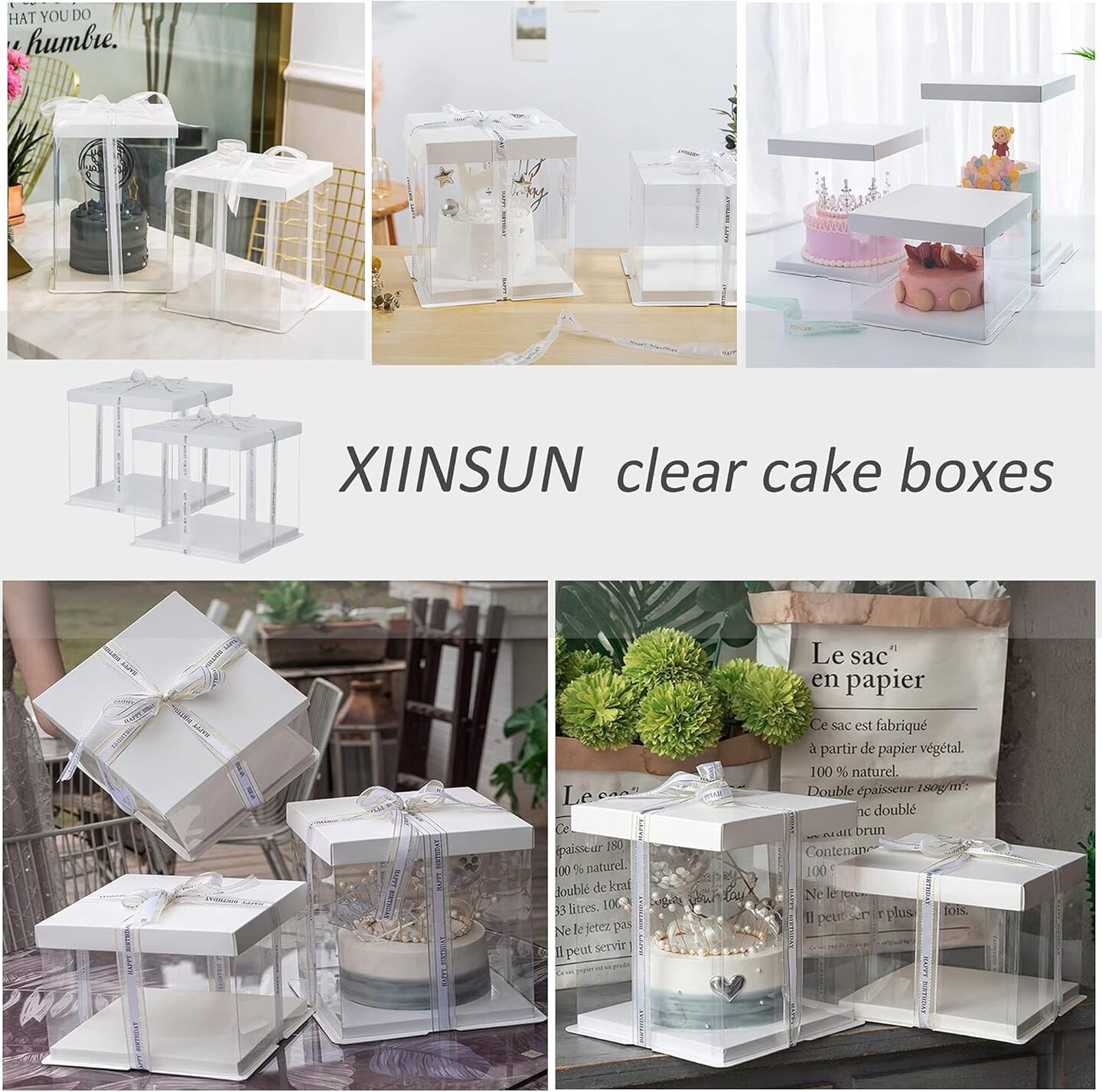 2-Pack Large Cake Boxes, 10"x10"x9" Clear PET Cake Carrier with Ribbon & Pre-Folded Lid – Perfect for 8" Cakes, Layer Cakes, Cupcakes, Desserts, and Gift Display (White Base)