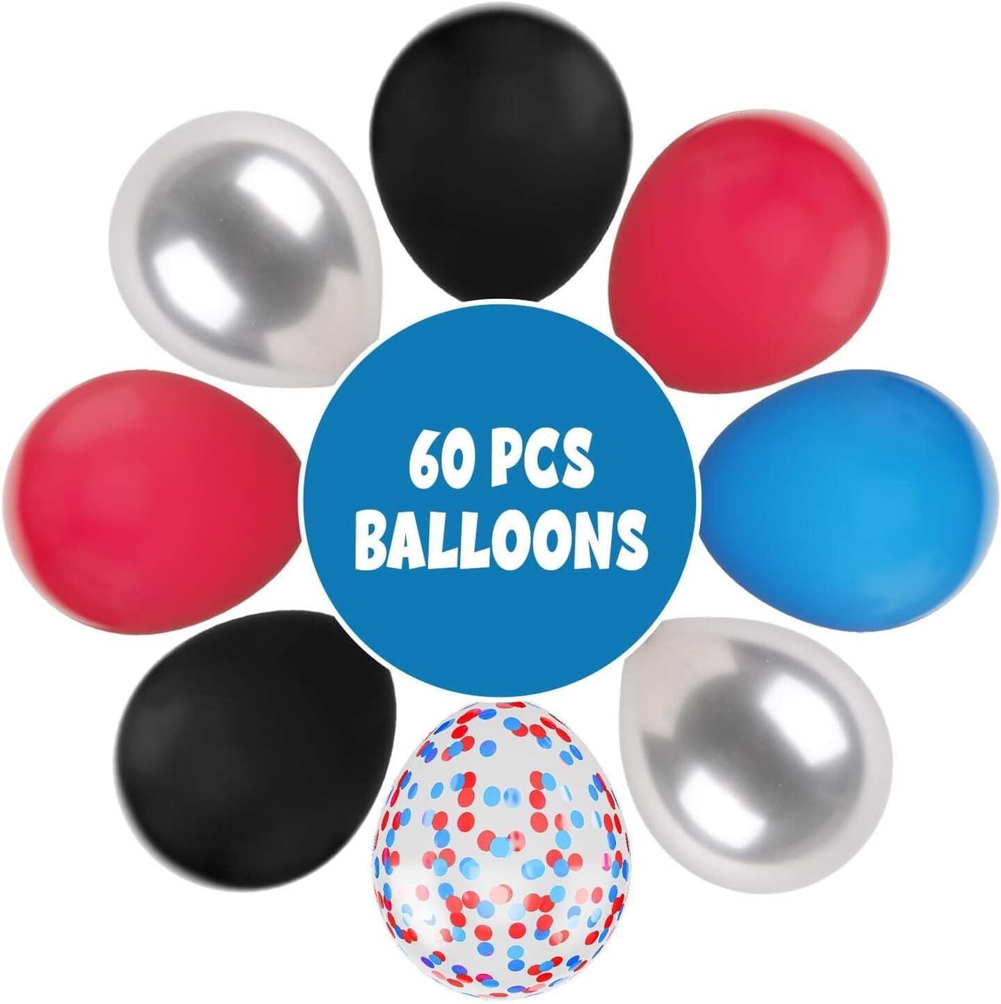 Red and Blue Balloons, 60 Pcs Red Black Blue Balloons, 12 Inch Metallic Silver Latex Balloon Helium Blue Confetti Balloon for Graduation Baby Shower Boys Kids Birthday Party Decorations