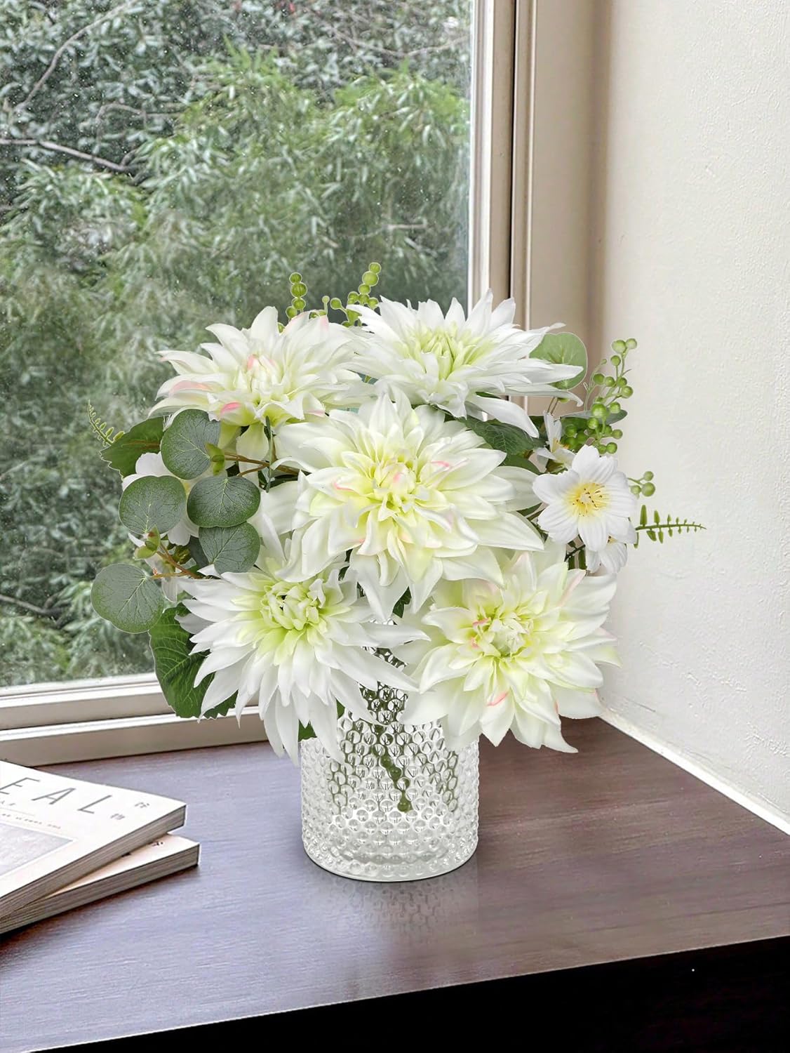 Summer Artificial Dahlia Flowers 14.1" – Realistic White Silk Dahlias & Daisies – Faux Floral Arrangement for Vase, Tabletop Decor, Wedding, DIY Bridal Bouquet, Party & Home Décor
