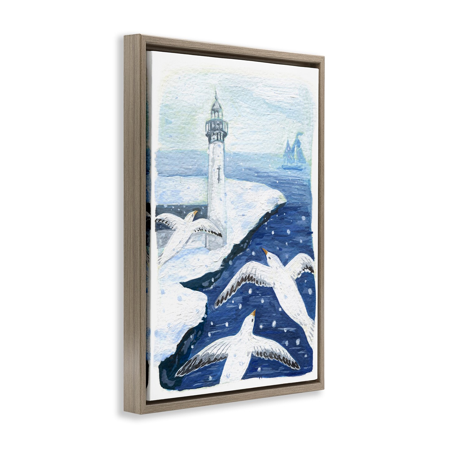 Stupell Industries Snowy Winter Harbor Birds Floating Frame Design by Hannah Moren