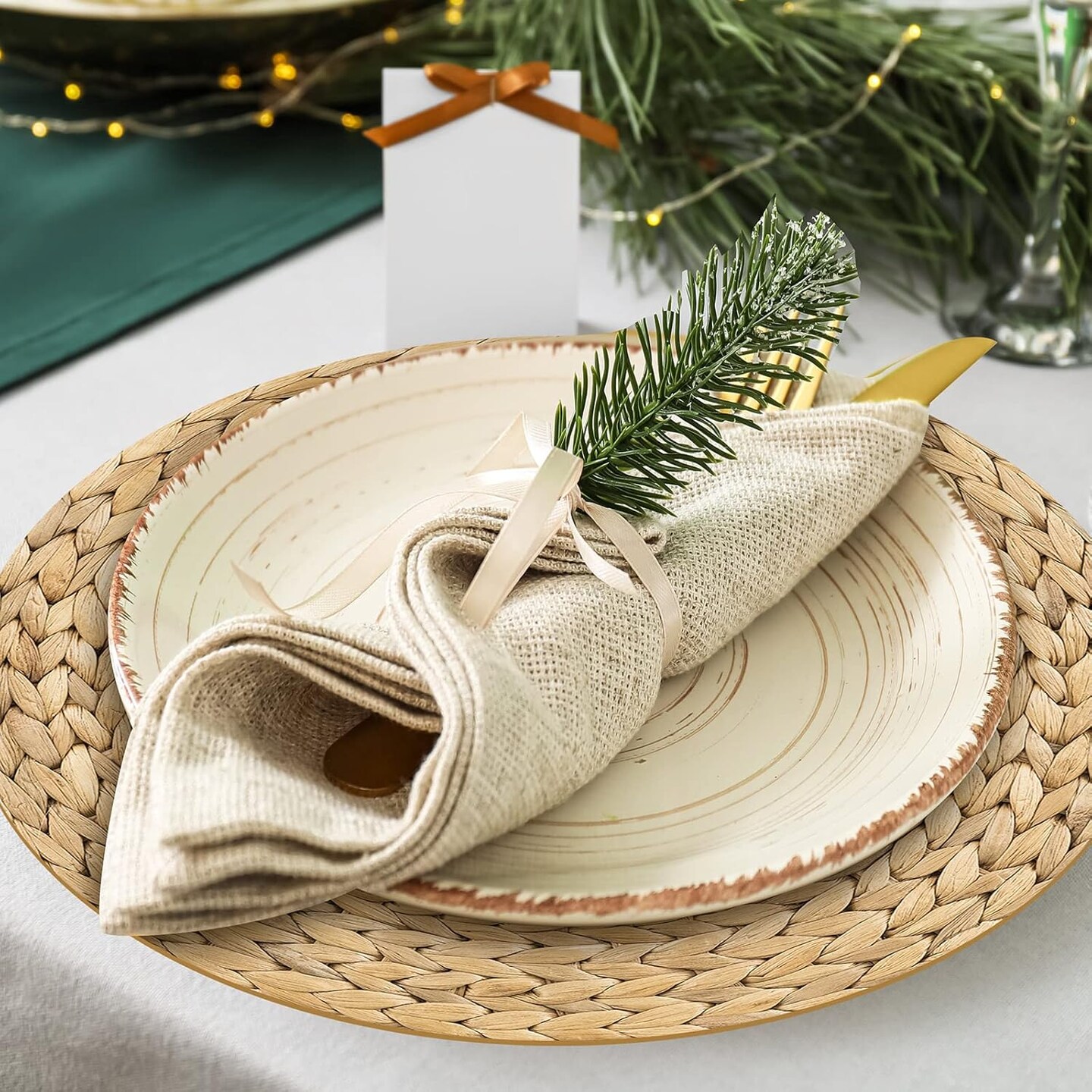 100 Pcs Disposable Printed Woven Paper Placemats Bulk 11 Inch Round Wicker Printed Chargers Place Mat Farmhouse Braided Rattan Tablemats