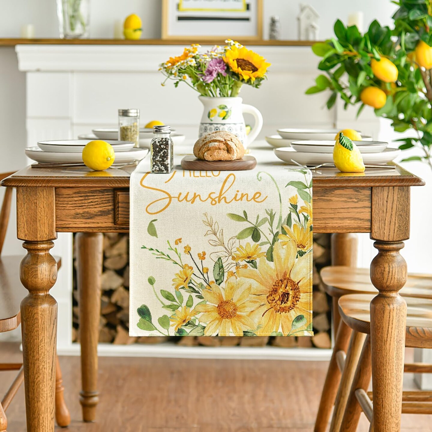 ello Sunshine Sunflower Eucalyptus Summer Table Runner, Seasonal Spring Kitchen Dining Table Decoration for Home Party Decor 13x72 Inch