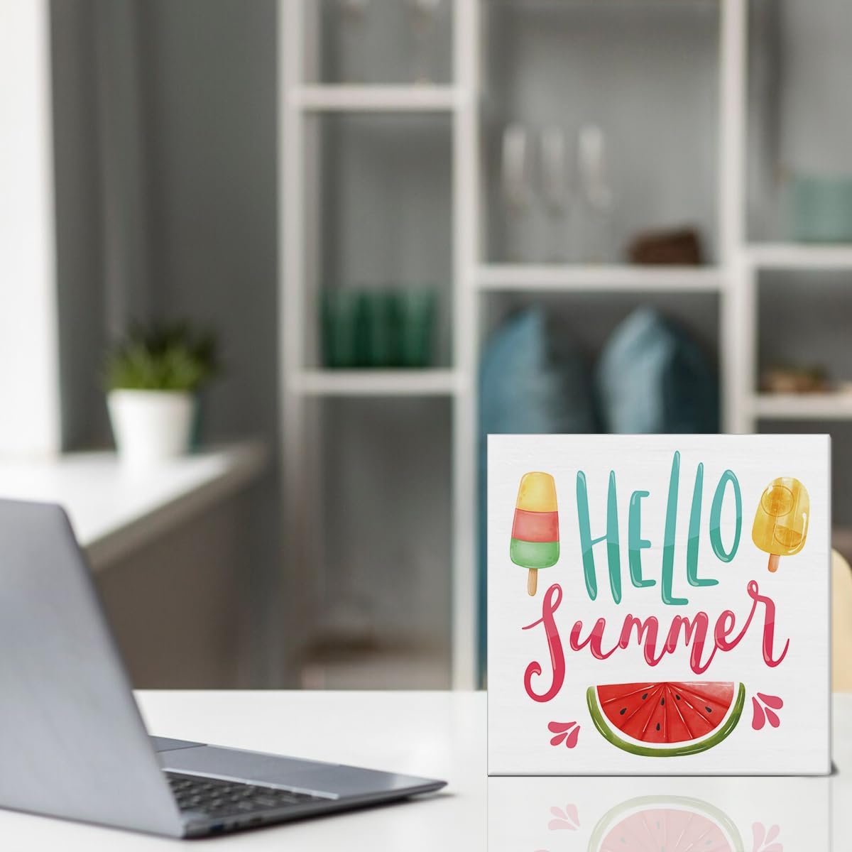 Hello Summer Decor Watermelon Decorations Ice Cream Wooden Sign Rustic Home Decor 5 x 5 Inches