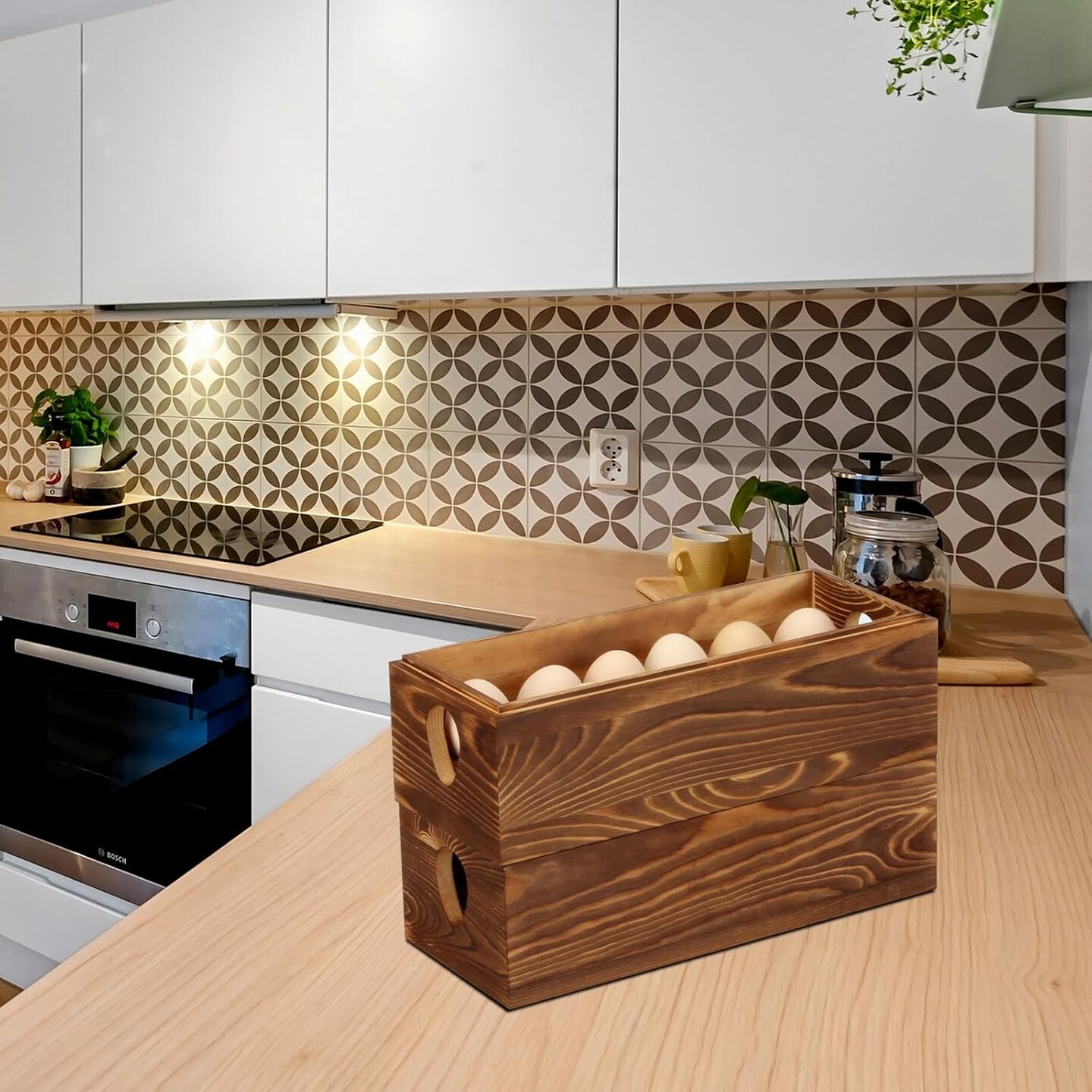 Wooden Crate for 24 Fresh Eggs, Stackable Holder Countertop With Double Layers for Display, Rustic Storage Box With Handle