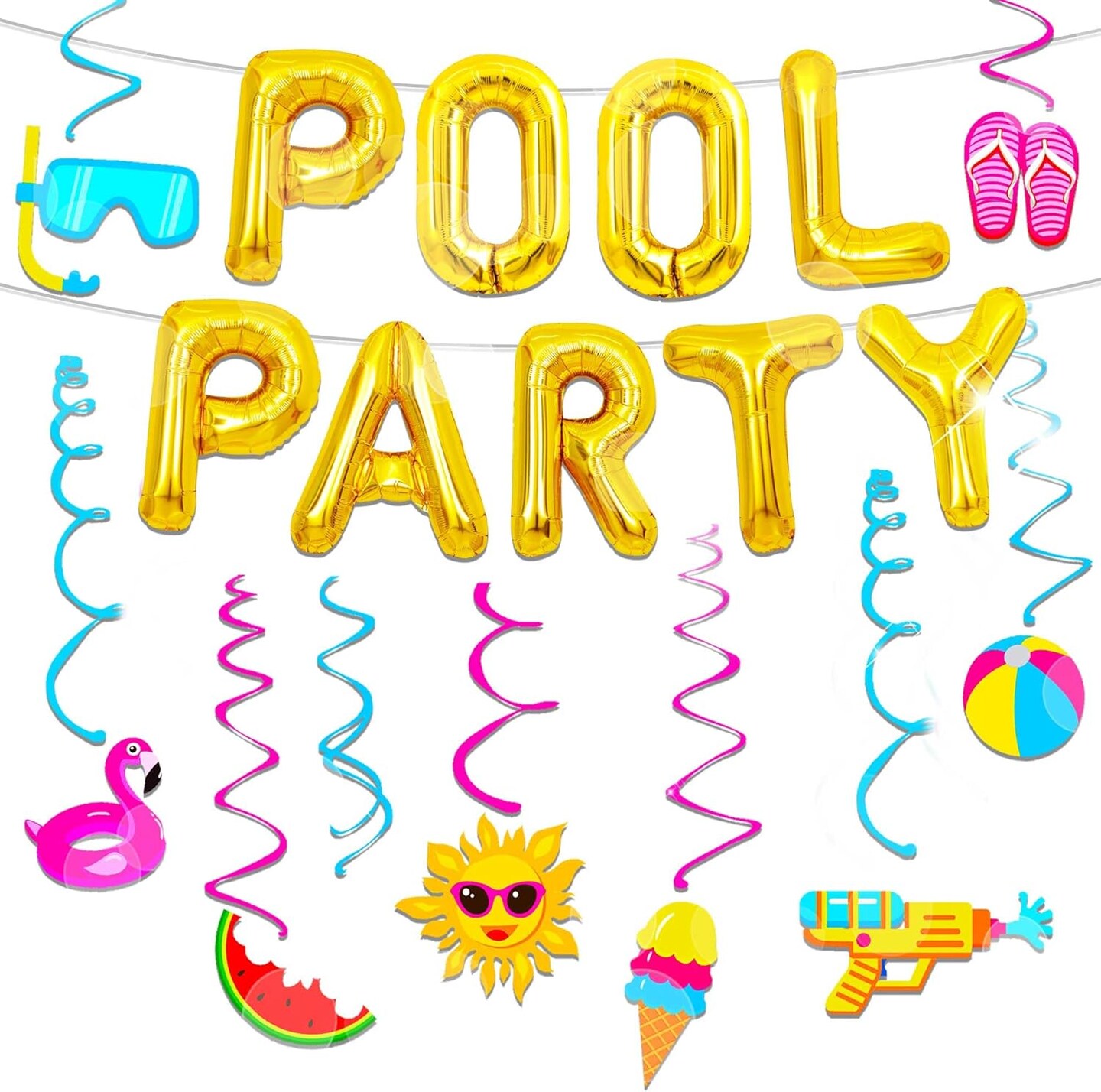 Summer Pool Party Hanging Swirls Decorations – 15 Pack Foil Ceiling Swirls with Beach Balloons & Banner, Tropical Swimming Pool Party Favors