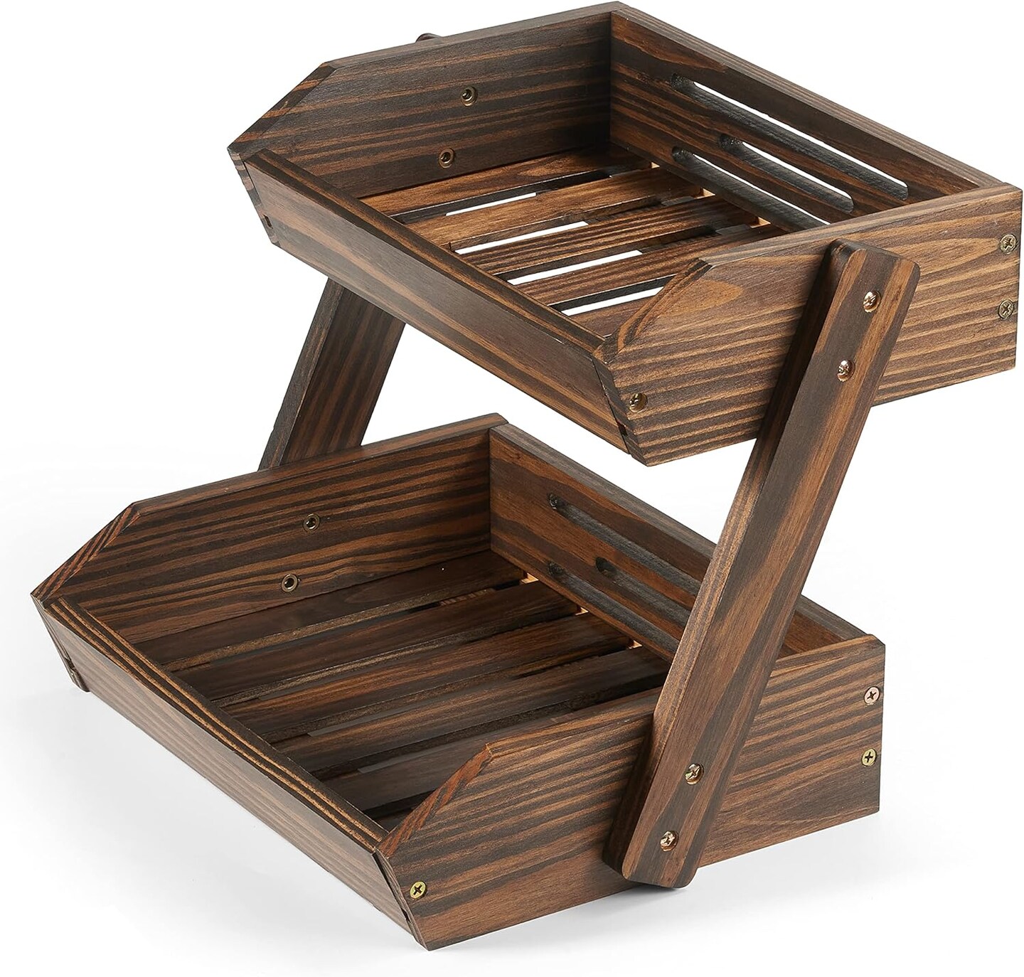 Large Capacity 2-Tier Wooden Fruit Basket, Durable Acacia Wood, 10.5&#x22; Tall, Spacious for Produce, Vegetables, Bread Storage and Home Kitchen Countertop