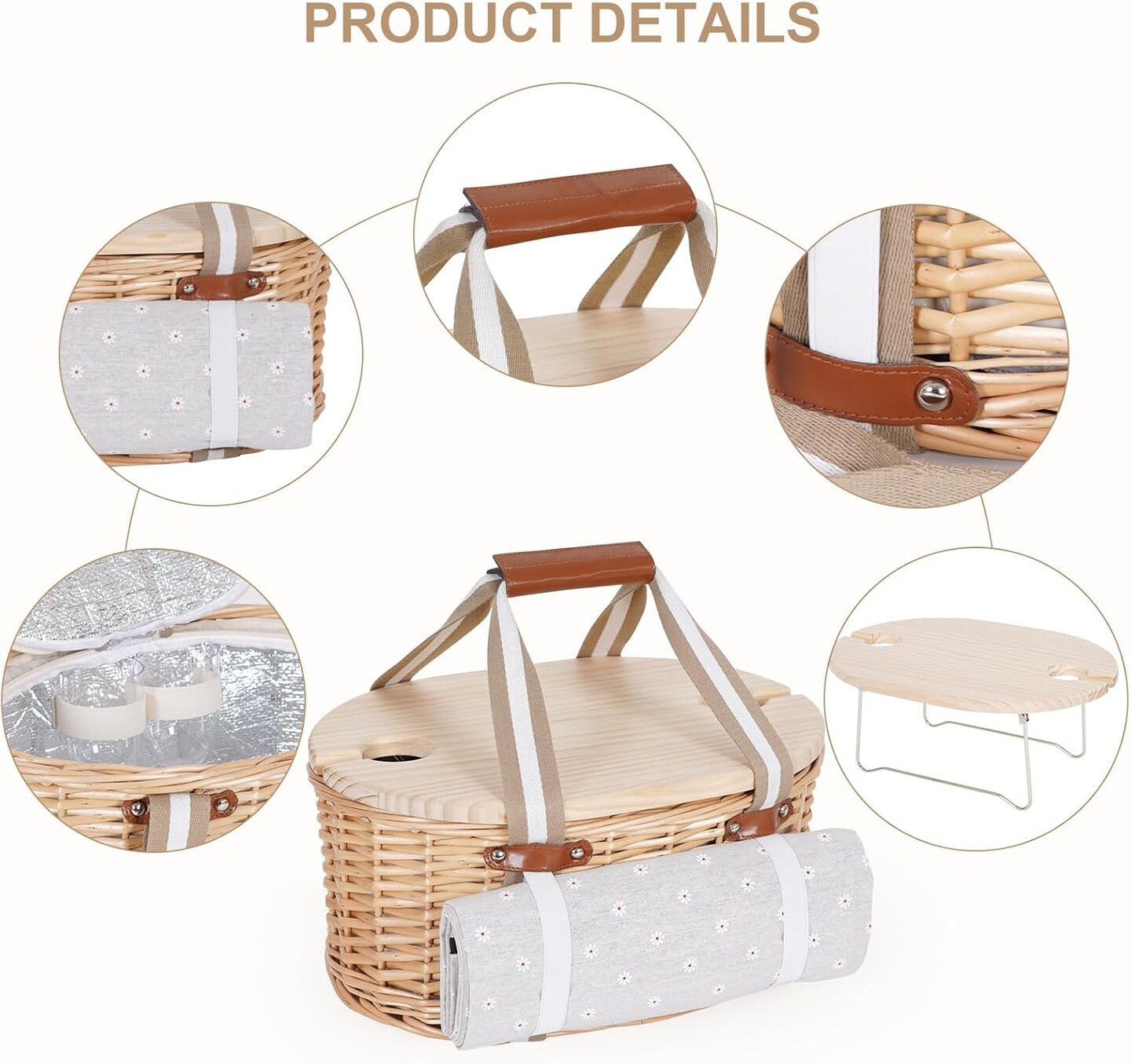 Picnic Basket Set for 2 - Wicker Insulated Picnic Basket with Waterproof Blanket, Folding Wine Picnic Table &#x26; Cutlery Kits, Picnic Baskets Kit for Camping, Outdoor, Valentine (White Flower)