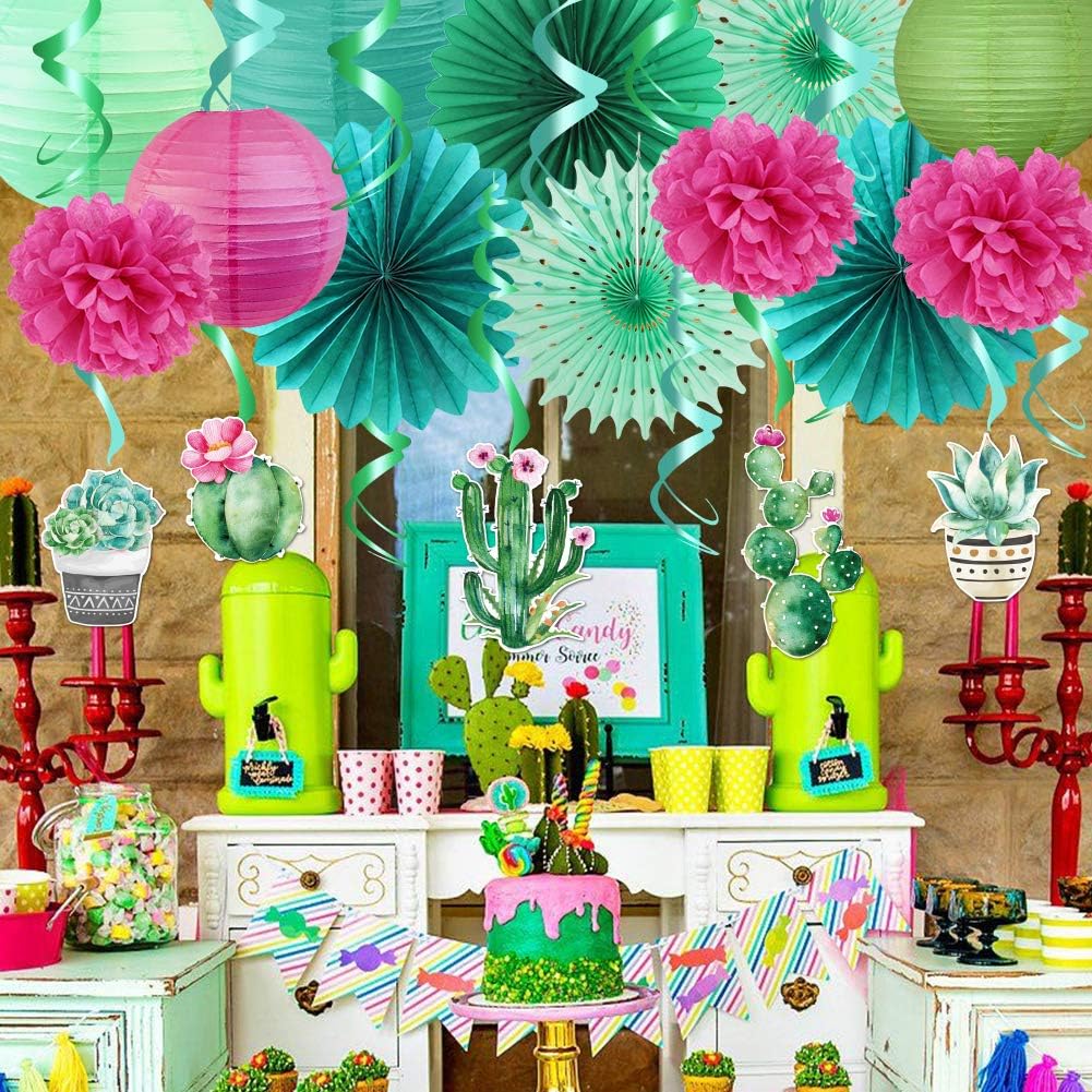 Summer Party Decoration Llama Party Hanging Cactus Swirls Paper Lanterns for Hawaiian Luau Tropical Party Plant Birthday Party Decorations