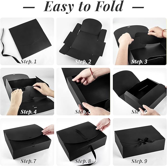 15 PCS Black Gift Boxes with Ribbons, Bridesmaid Proposal Boxes with Lids Present Packaging Boxes for Wedding, Birthday, Party and Bride Shower, 10.6 x 7.8 x 3.1 Inches