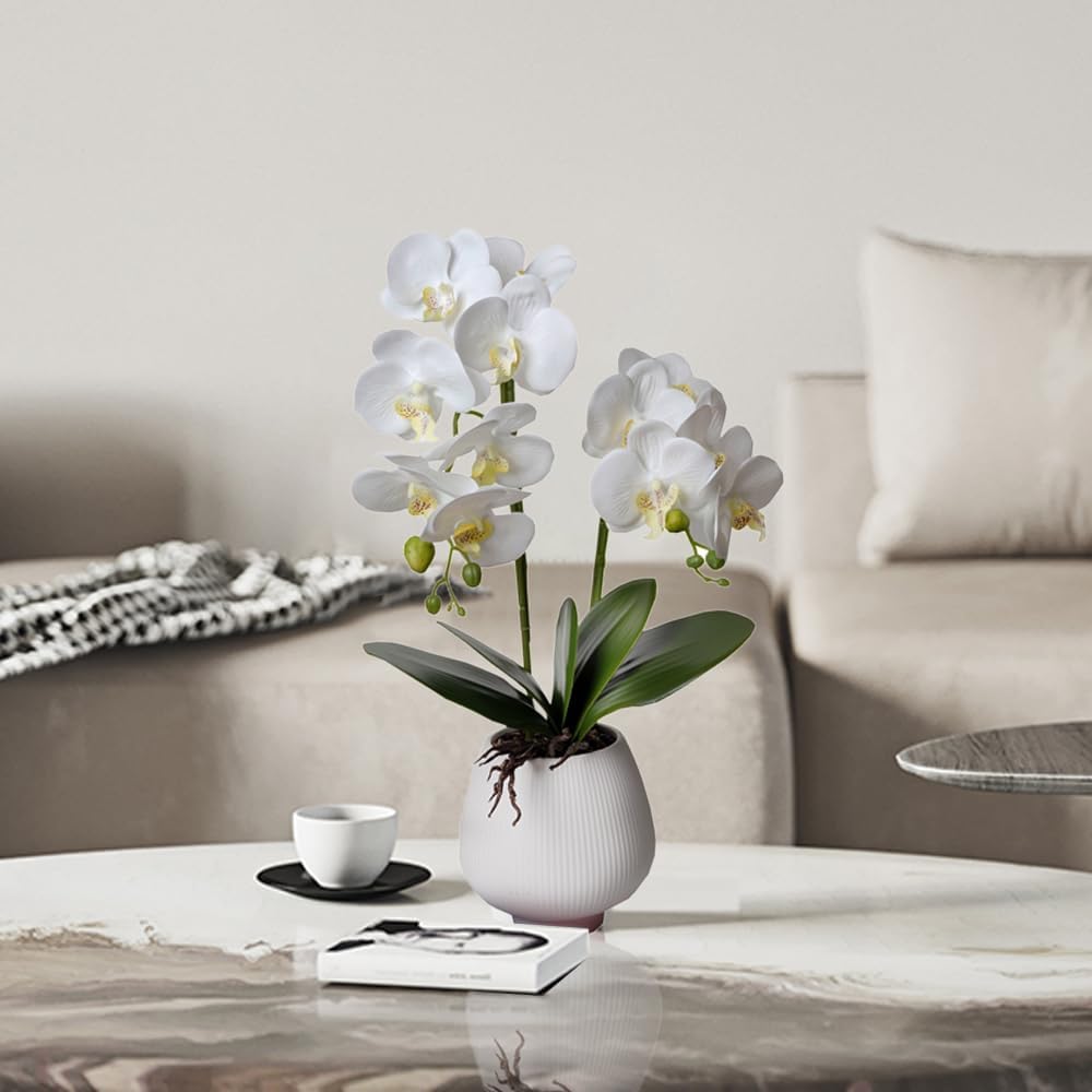 Artificial Orchids Flowers with Vase White Phalaenopsis Plant Silk Faux Orchids Fake Flowers Arrangements for Home Decoration Living Room Office Bedroom Bathroom Kitchen Dining Room