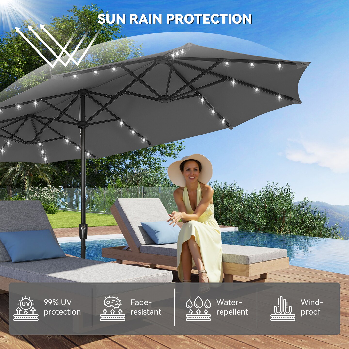 13ft Large Rectangular Outdoor Patio Umbrella with Solar Light, Reversible Outdoor Shade with Crank and Tilt for Garden, Patio, Deck and Pool (Dark Gray)