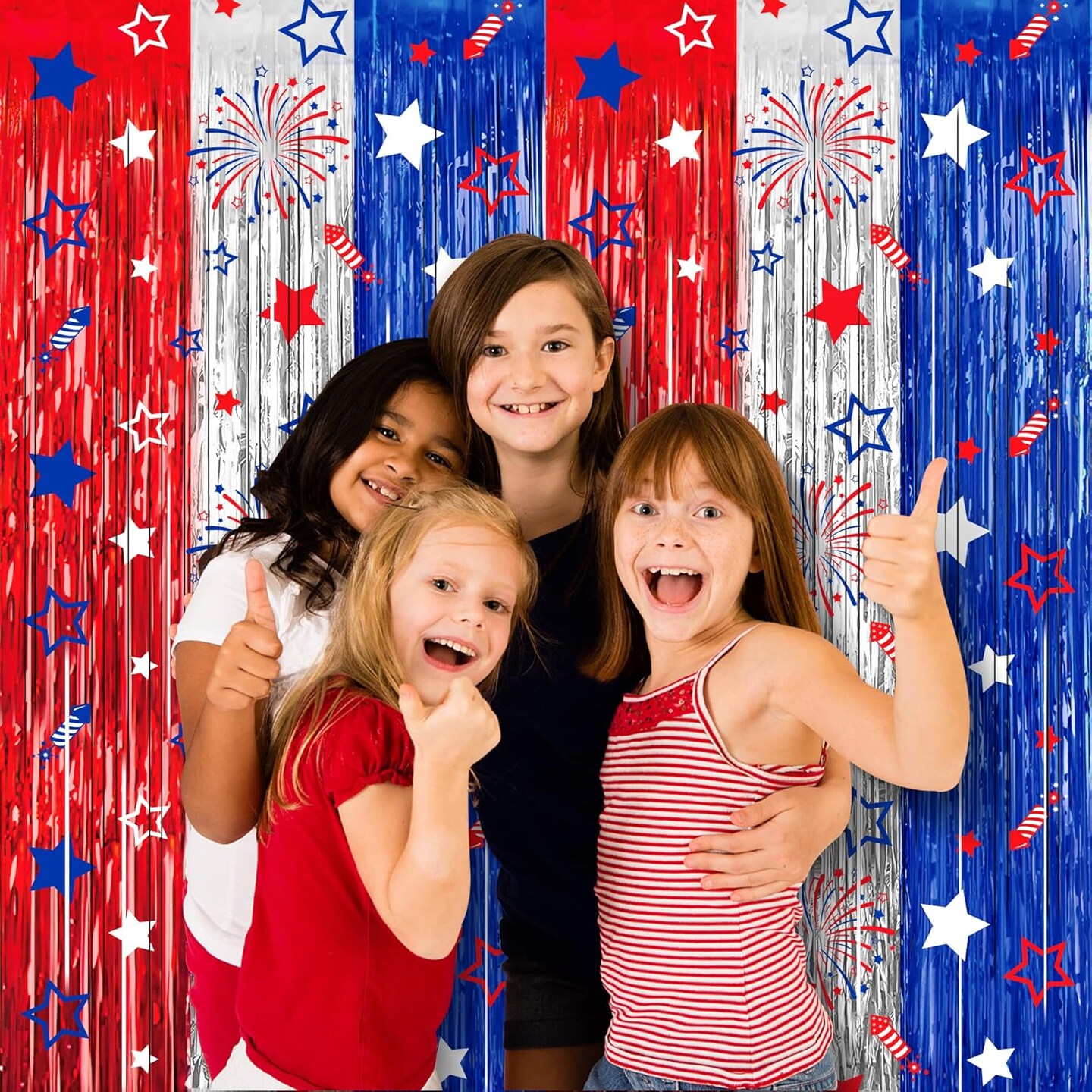 4th of July Party Decorations Red White Blue Foil Fringe Curtains, 2 Pack 3.3 x 6.6 FT Star Firework Patriotic Decor Fourth of July Photo Backdrop Streamers for Memorial Day Independence Day Labor Day