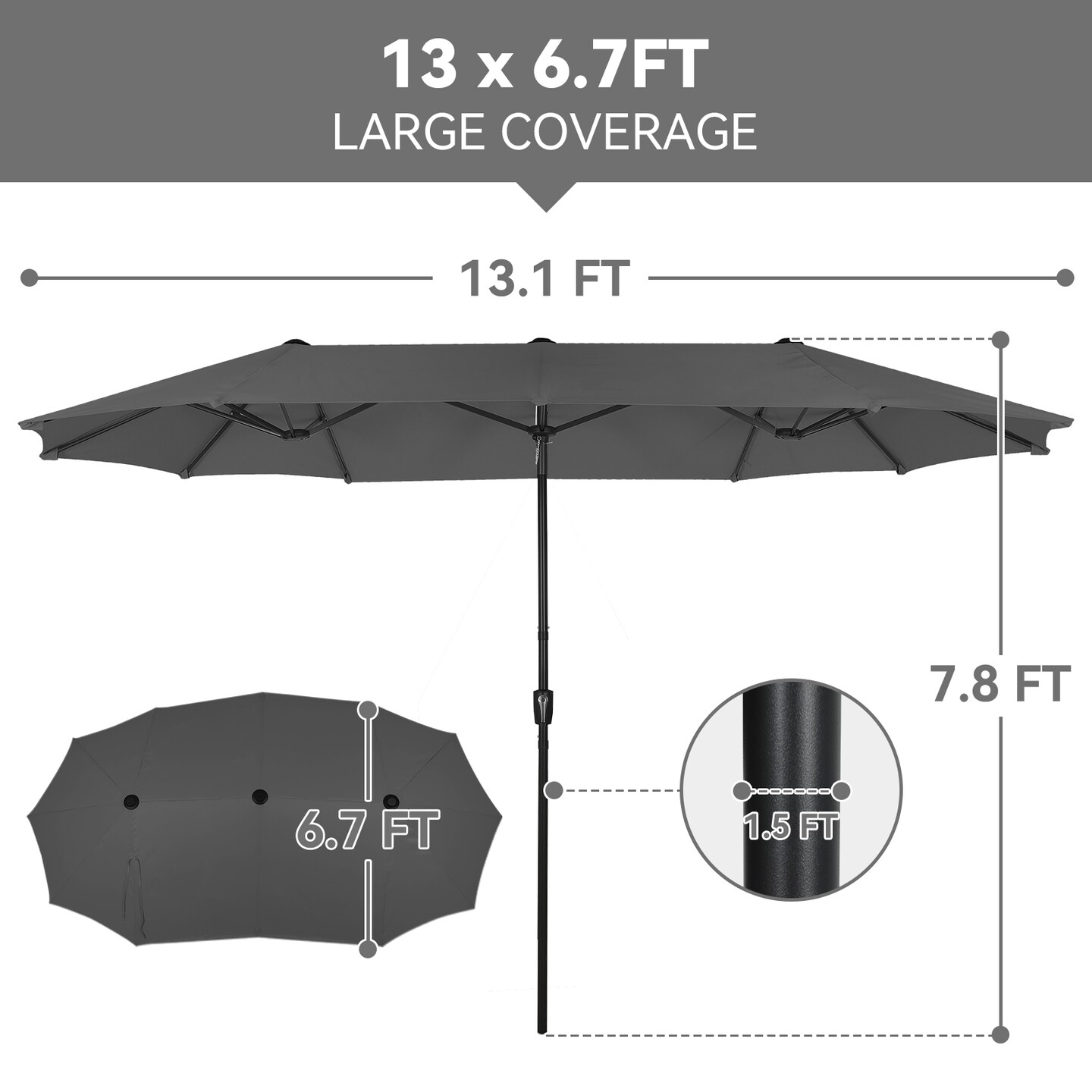 13ft Outdoor Patio Umbrella, Double Sided Market Rectangle Umbrella with Crank Handle,Large Sun Shade for Outside Deck,Backyard,Garden (Dark Gray)