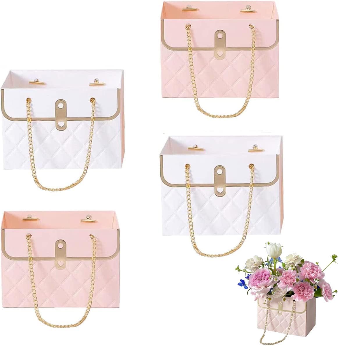 4 PCS Flower Paper Gift Boxes – Bouquet Storage Bucket Handbag with Metal Chain for Weddings, Valentine's Day, Birthdays, Mother's Day, Bridal Showers (White & Pink)