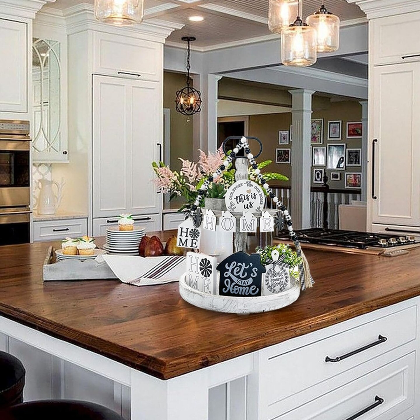 2 Tiered Tray Stand for Home Decor, Wooden Serving Tiered Tray for Coffee Bar Table Centerpiece, Decorative Trays Kit