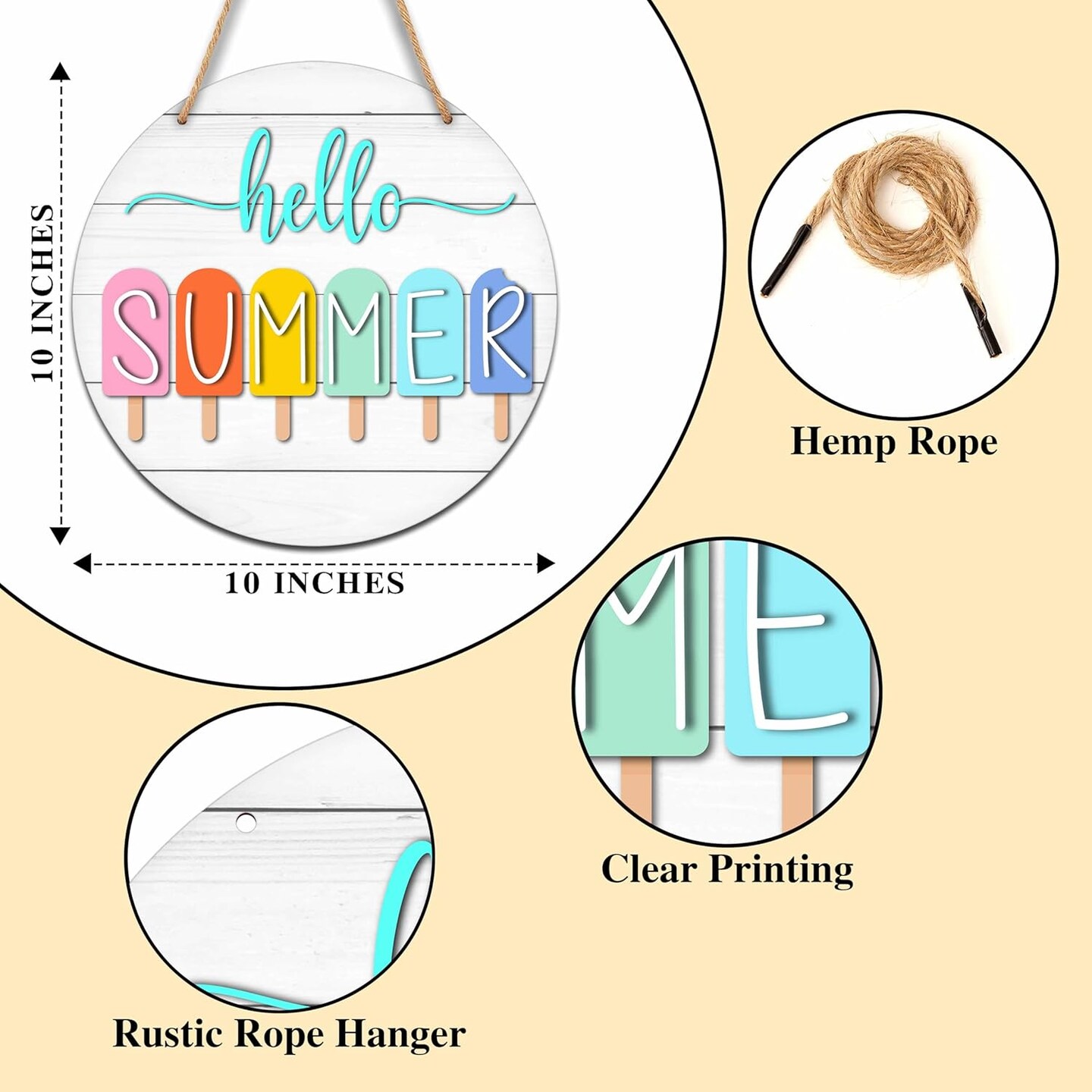 Summer Welcome Sign for Front Door, Hello Summer Wooden Signs Wall Decor, Popsicle Round Hanging Sign With Rope, Summer Decor For Home Front Door Porch, A10