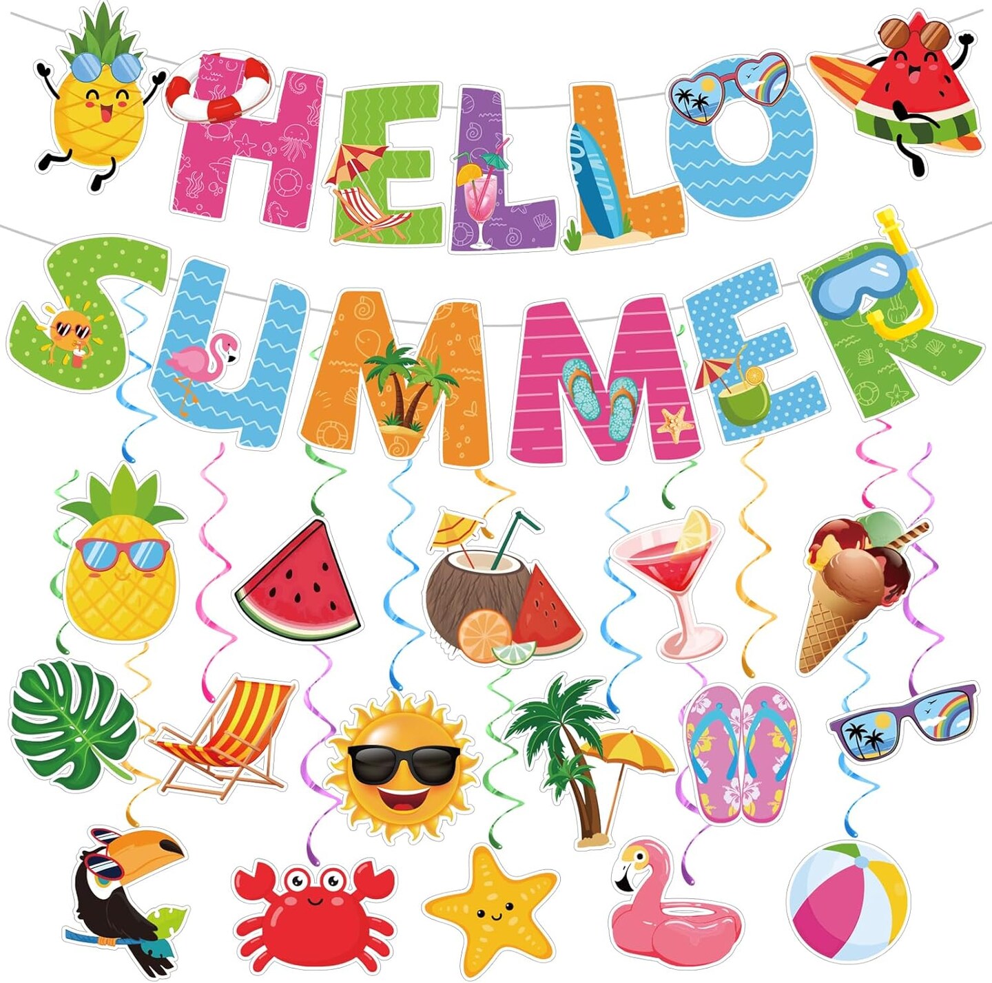 Summer Beach Party Decorations - Pre-Strung Hello Summer Banner and 16 Hanging Swirls Pool Party Decorations for Home Office Classroom